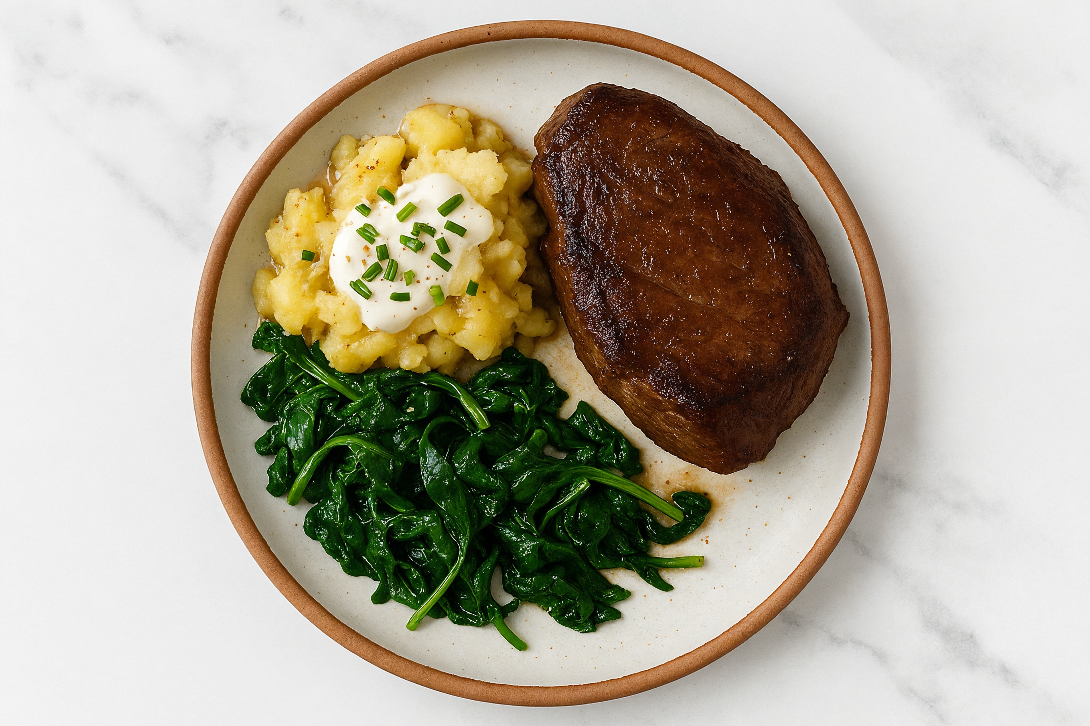 Grass-Fed Beef Sirloin Steaks + Yellow Potatoes, Chives, Creme Fraiche + Spinach