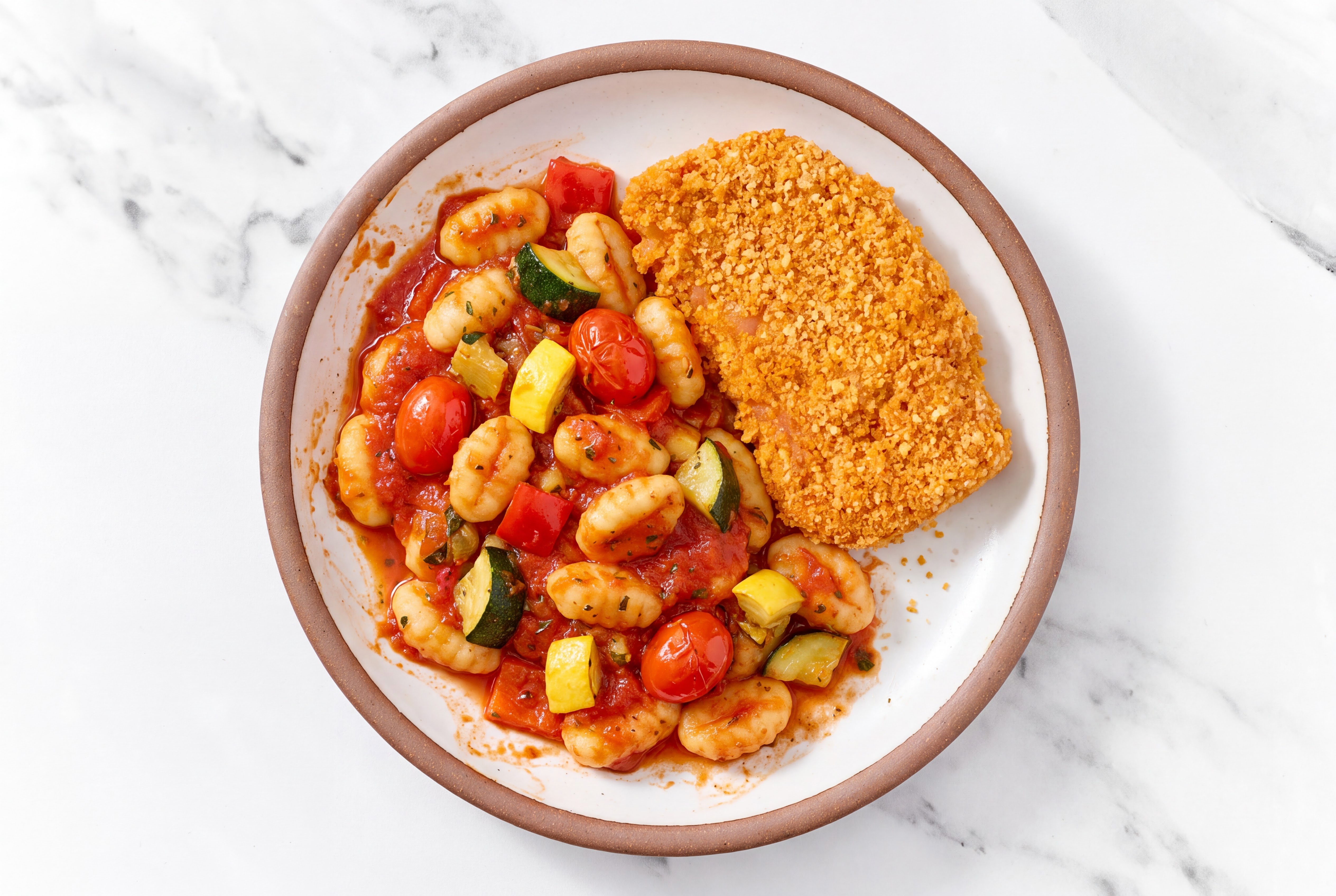 Crispy Hot Honey Chicken over Marinara Gnocchi with Mixed Veggies