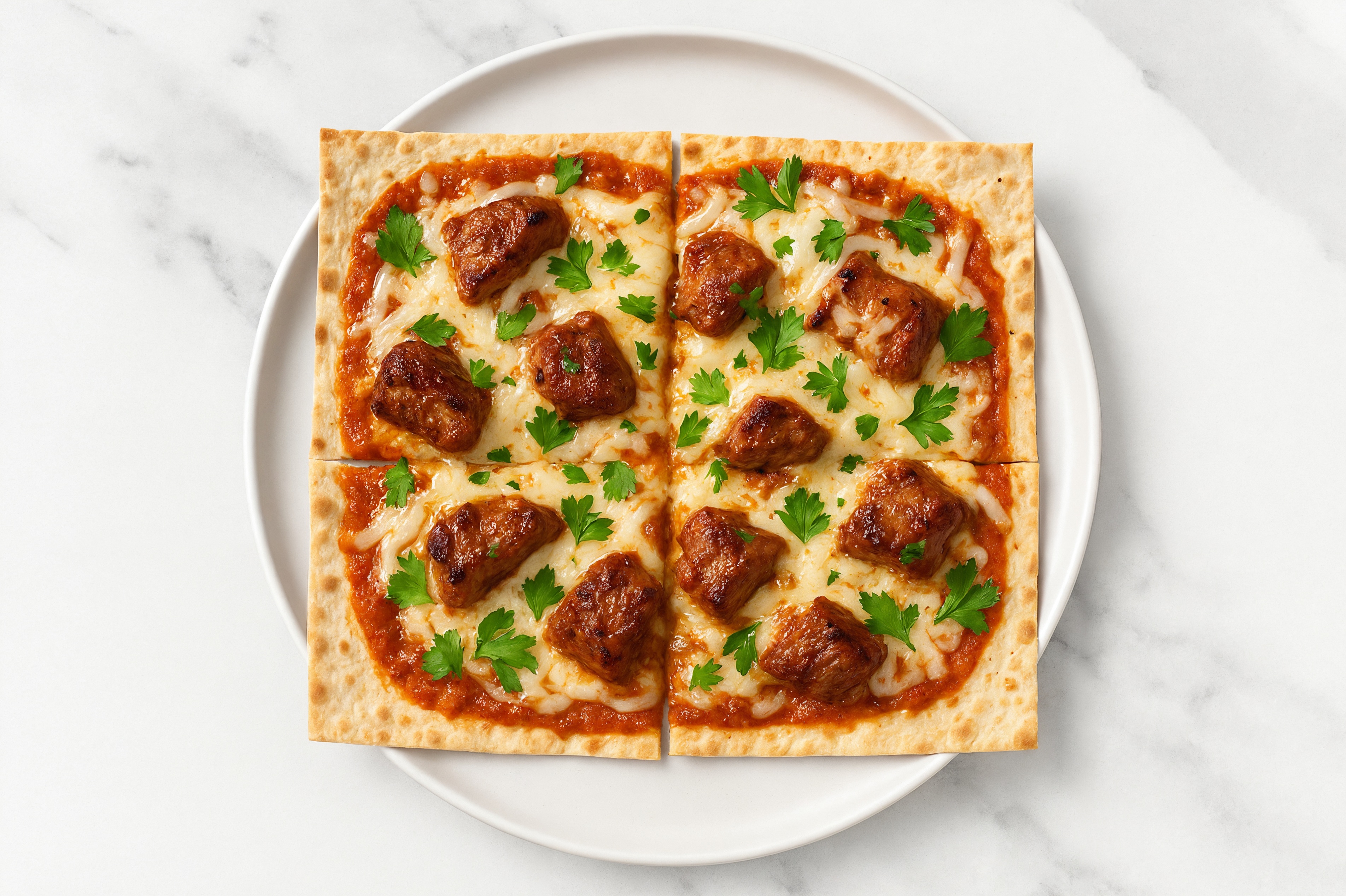 Spiced Tikka Sirloin Tip Lavash Pizza with "Mozzarella" + Fresh Parsley