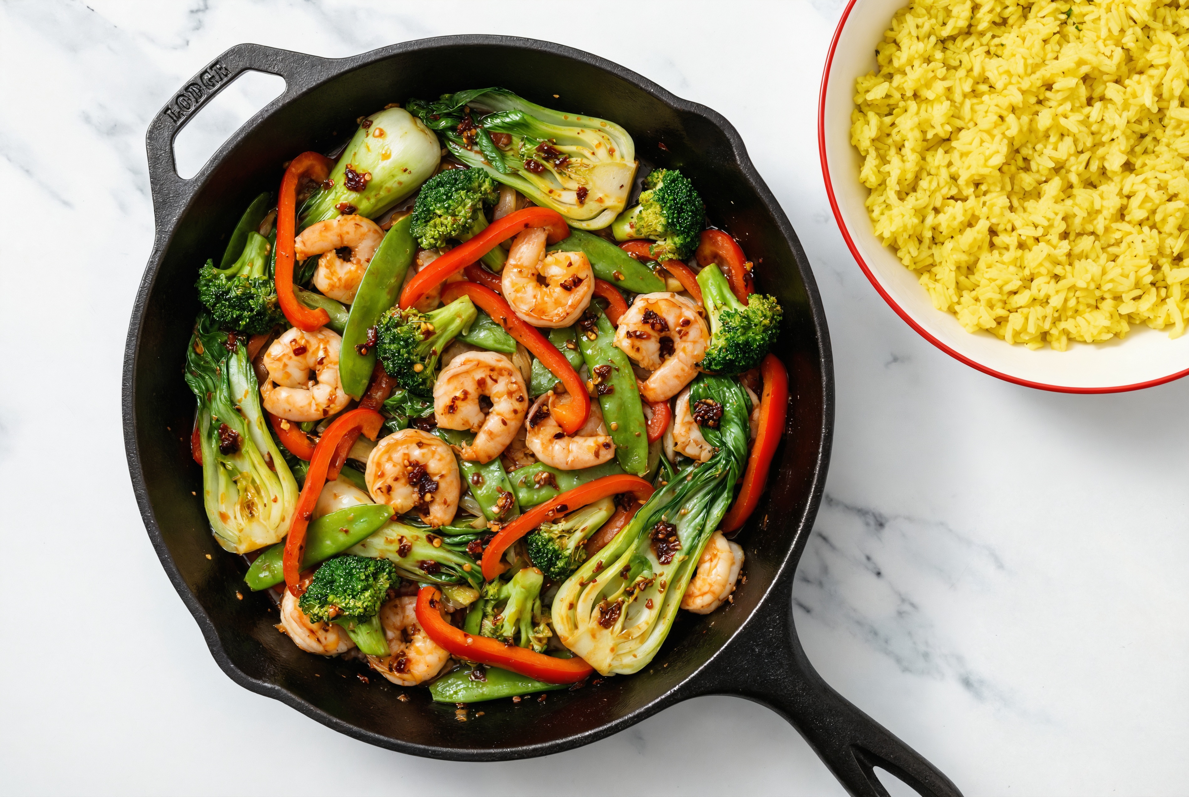Chili Crisp Shrimp with Bok Choy Mix + Bell Pepper over Chicken & Herb Rice