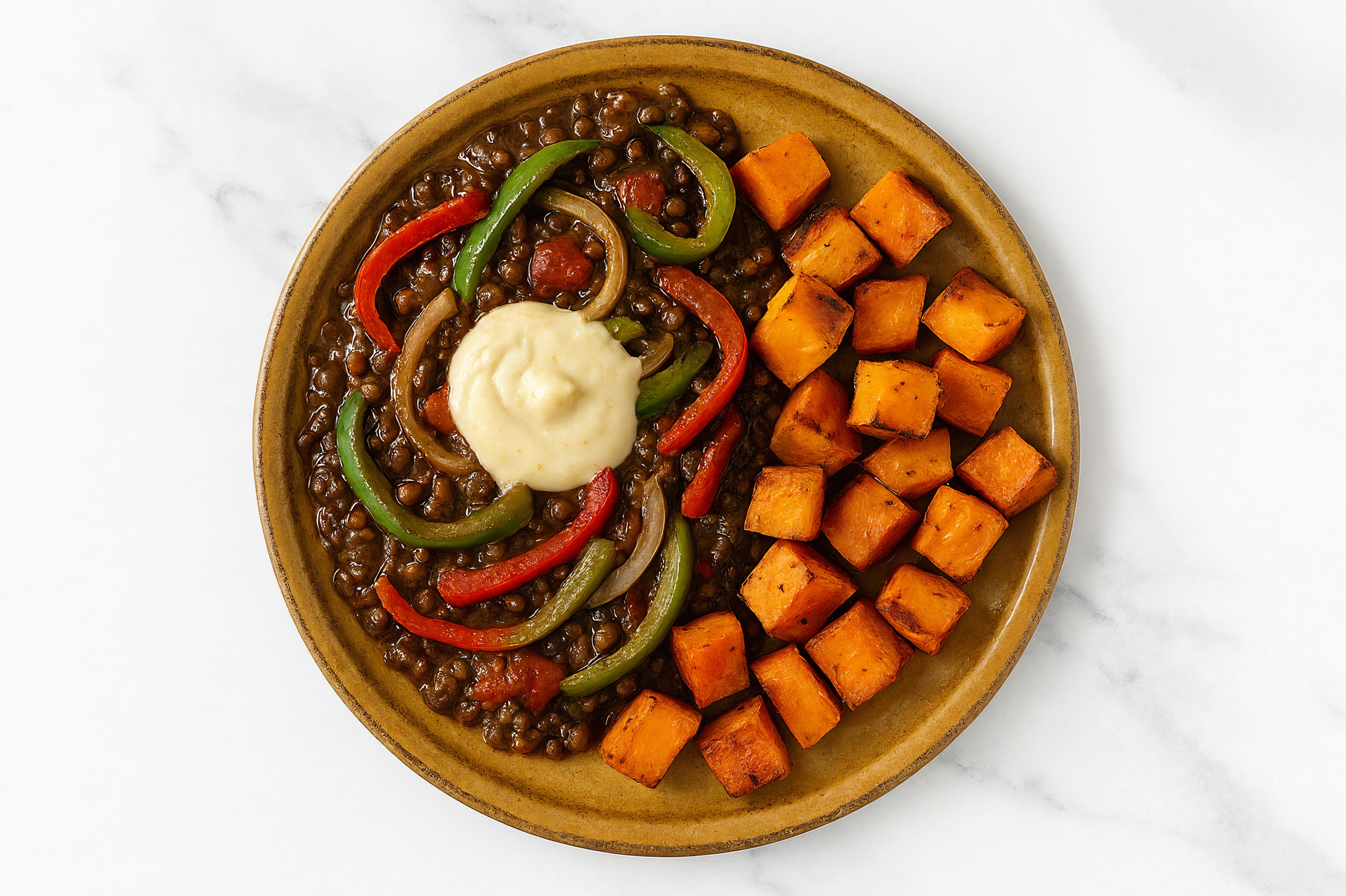Roasted Sweet Potatoes, Bell Peppers + Black Lentils with Garlic Sauce Vegan Plate