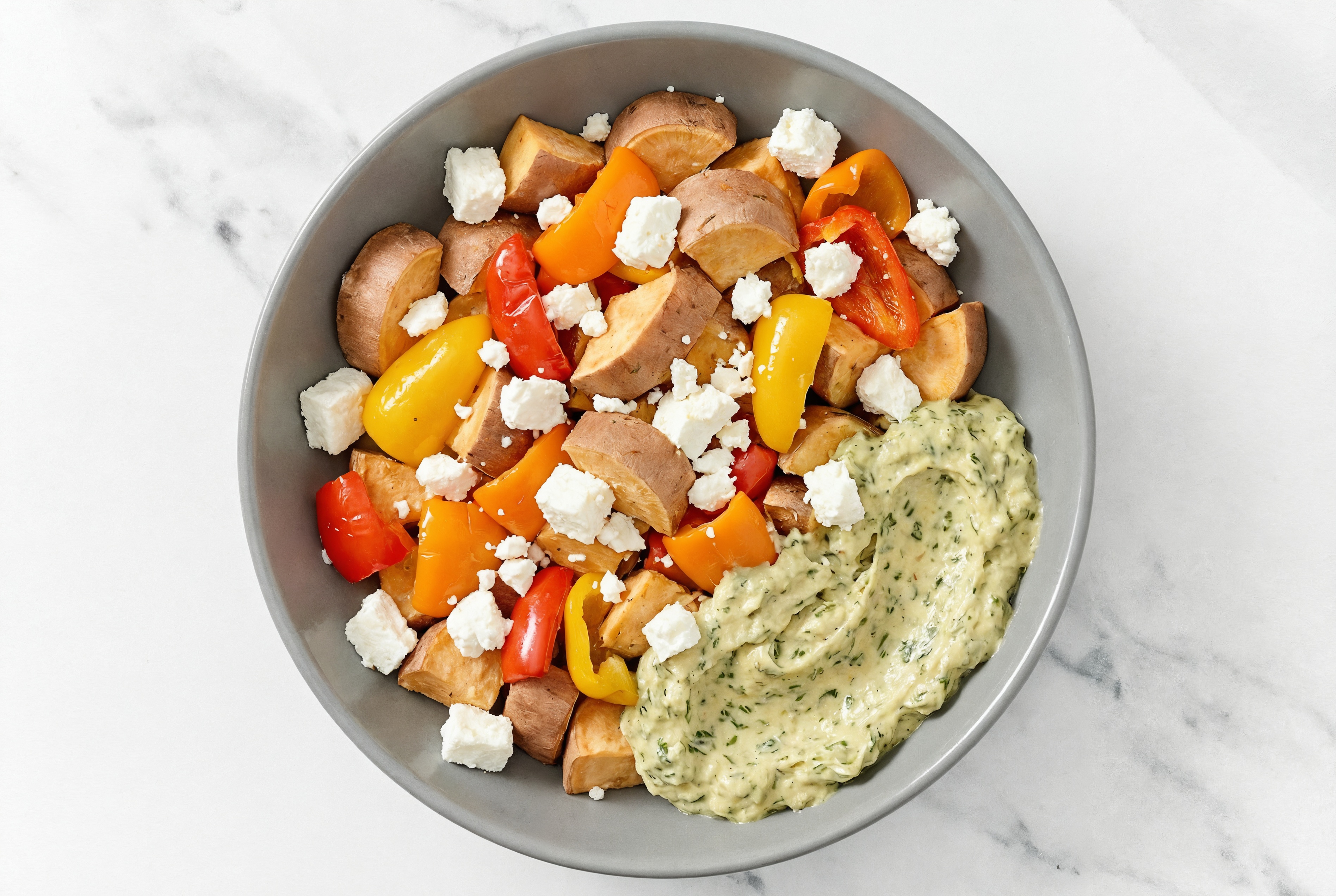 Feta Sweet Pepper Sweet Potato Bowl over Spinach Artichoke Dip