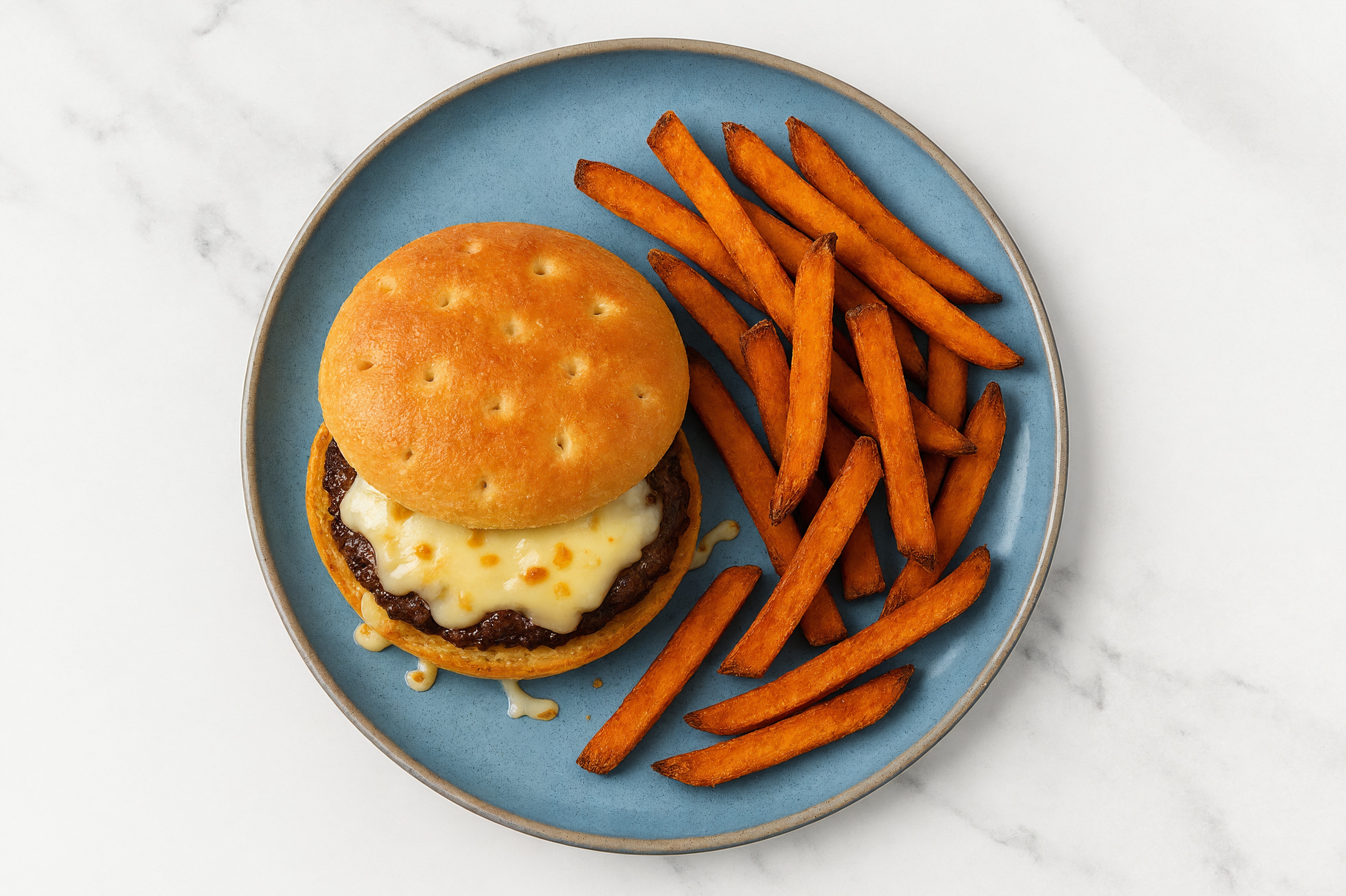 Melty Mozz Burger + Sweet Potato Fries with Wagyu Beef Patties