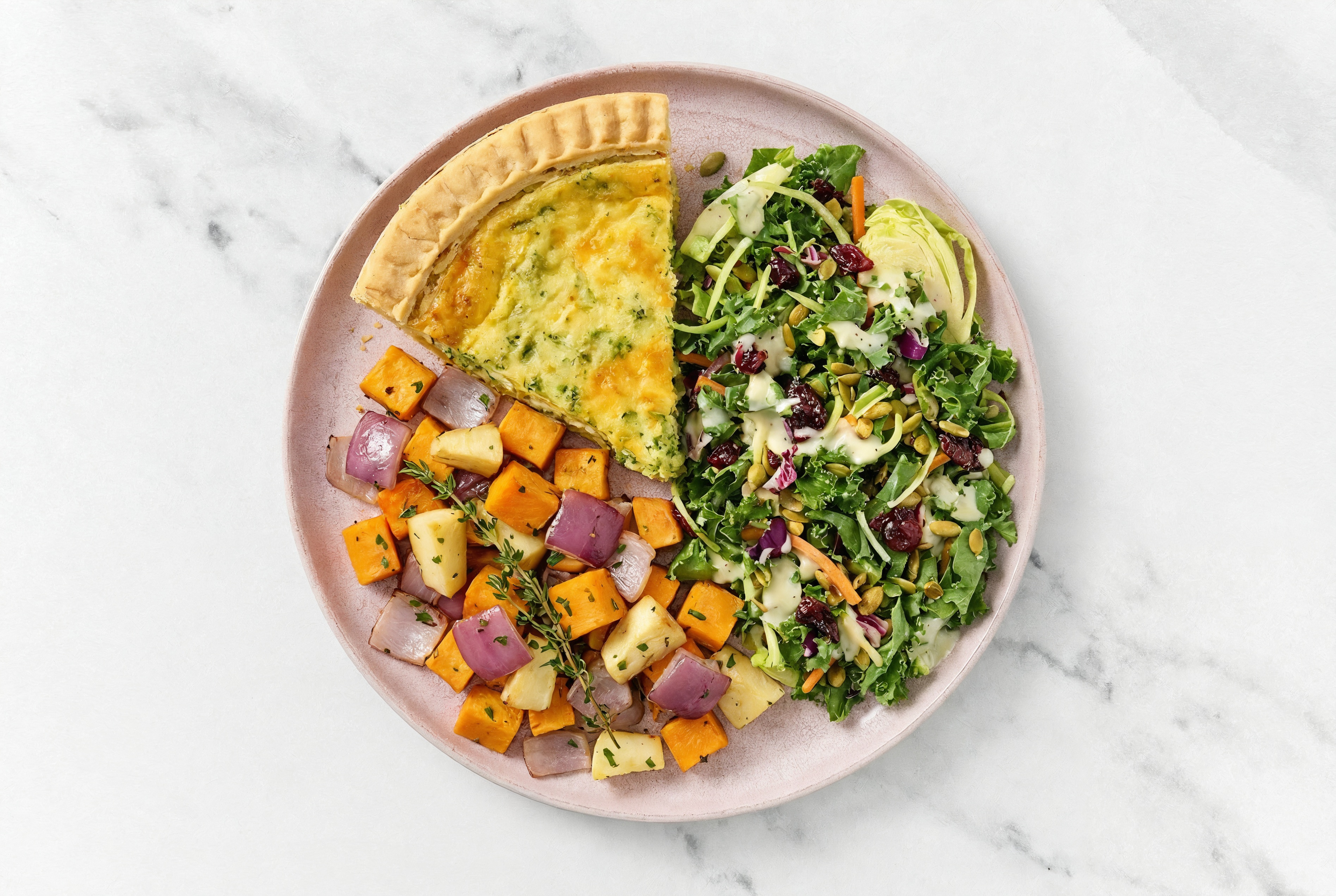 Broccoli & Cheddar Quiche with Roasting Veggies & Kale Salad