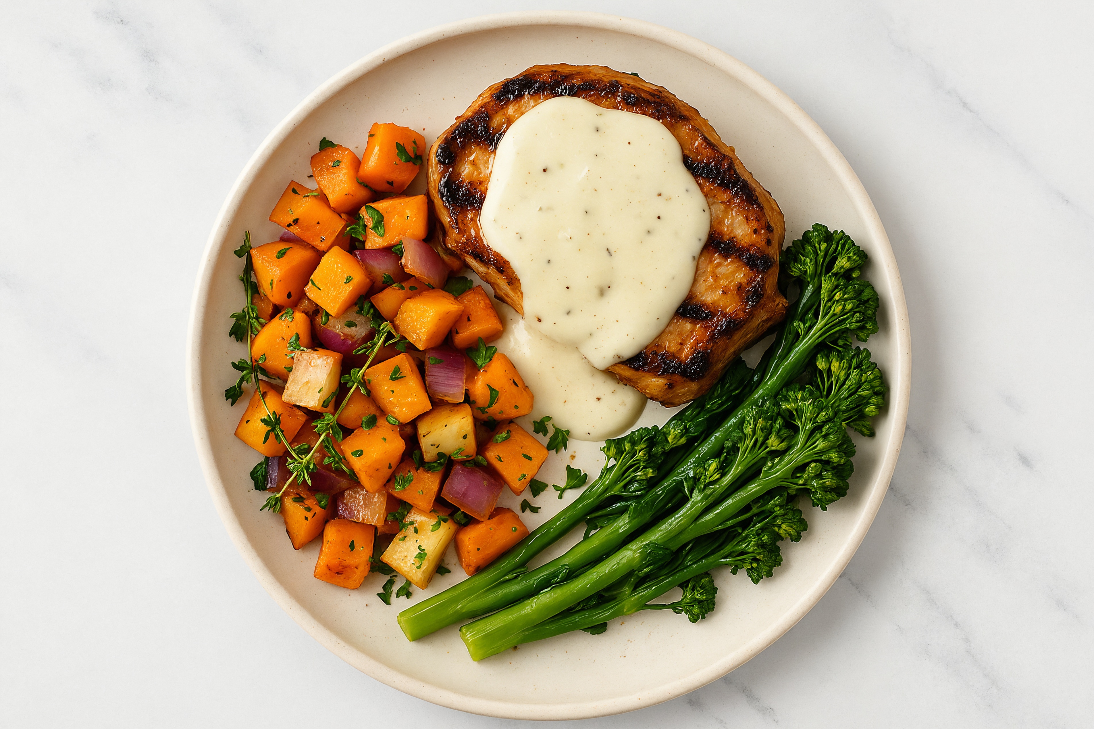 Creamy Parmesan Smothered Pork Chops with Baby Broccoli & Roasted Vegetables
