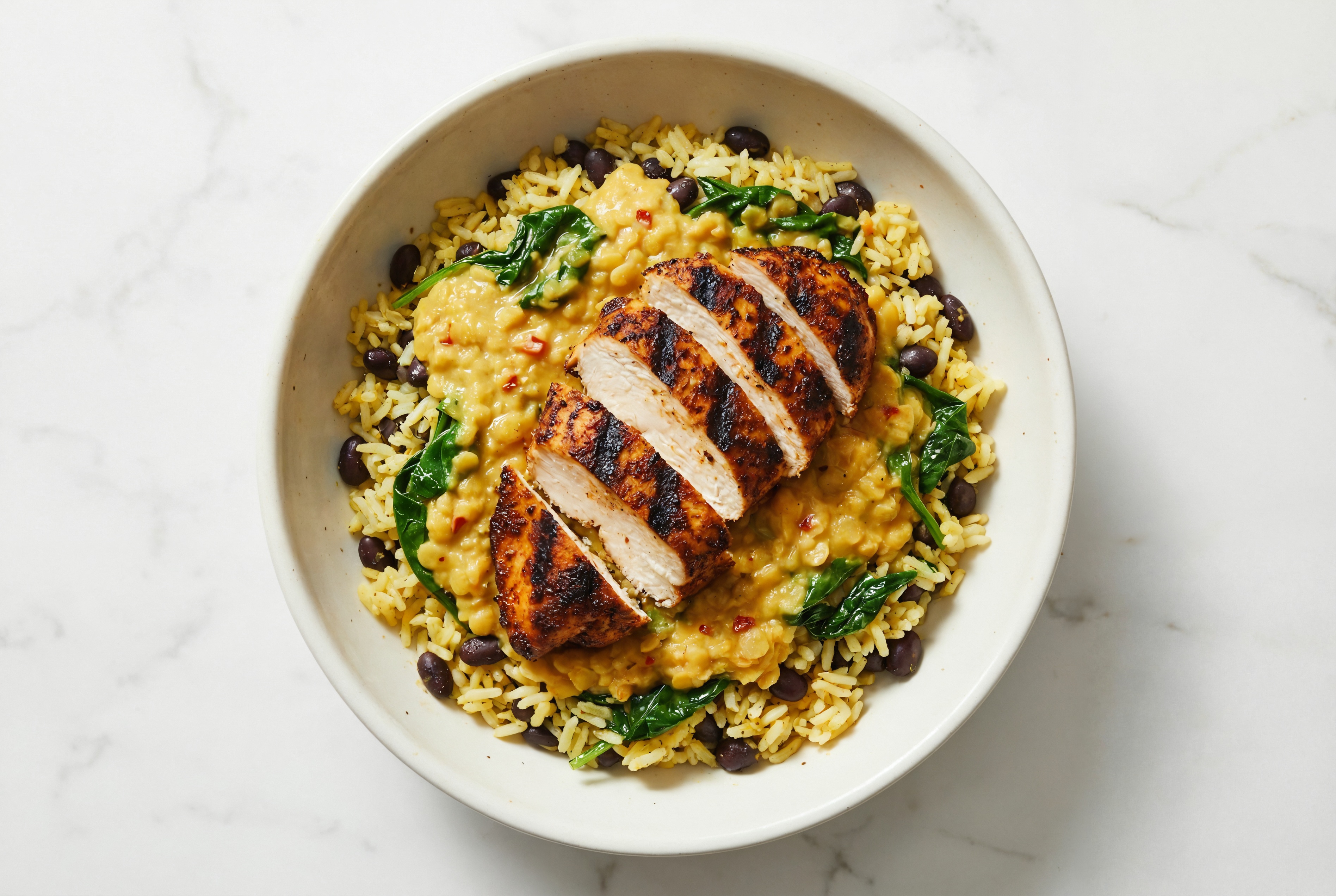 Spicy Chicken + Curried Everyday Dal Red Lentils Bowl