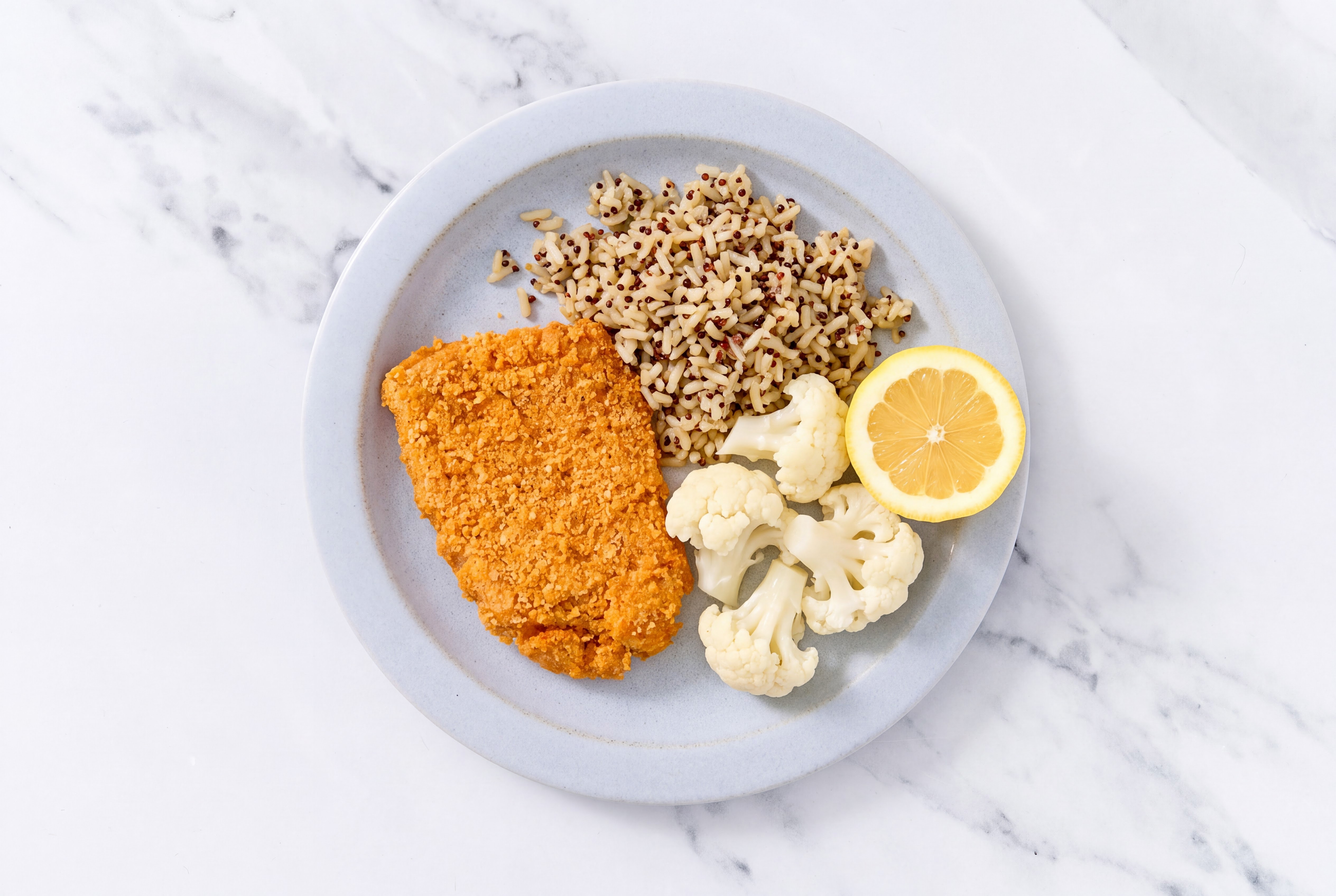 Lemon Hot Honey Breaded Chicken Cutlet with Cauliflower & Brown Rice