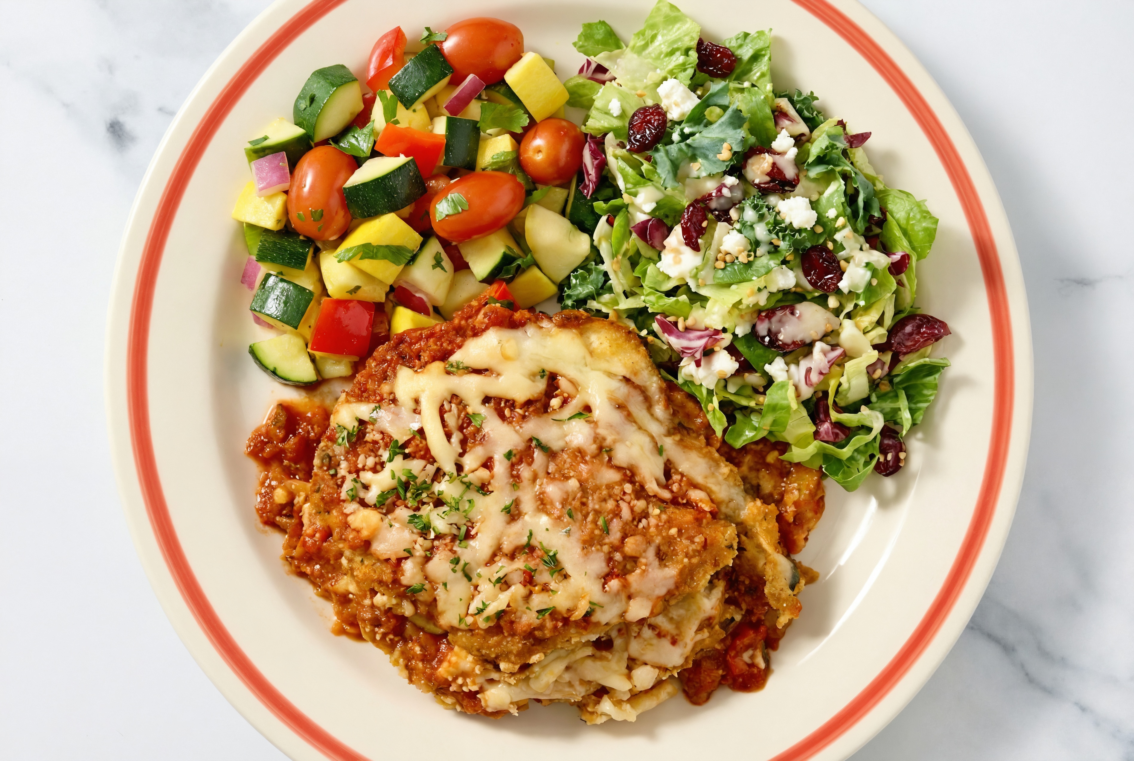 Eggplant Parmesan with Squash Skillet + Chopped Salad