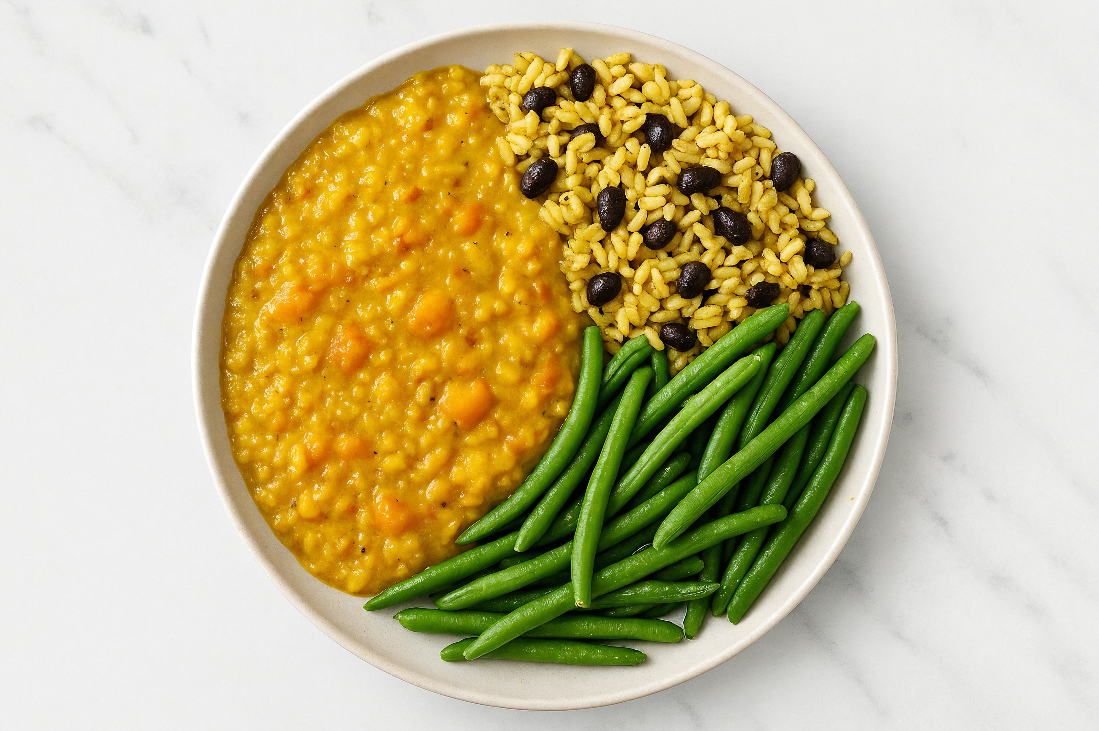 Red Lentil Dal + Organic Green Bean Grain Bowl with Seasoned White Rice + Black Beans