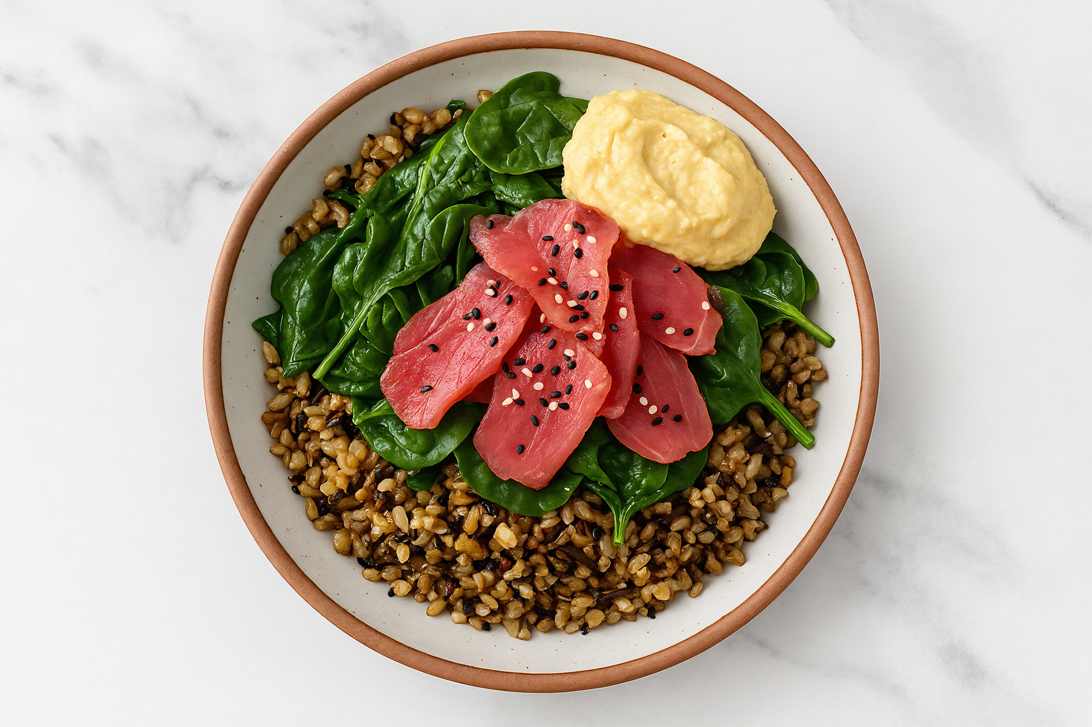 Tuna Seven Grain Bowl with Lemon Hummus & Organic Spinach