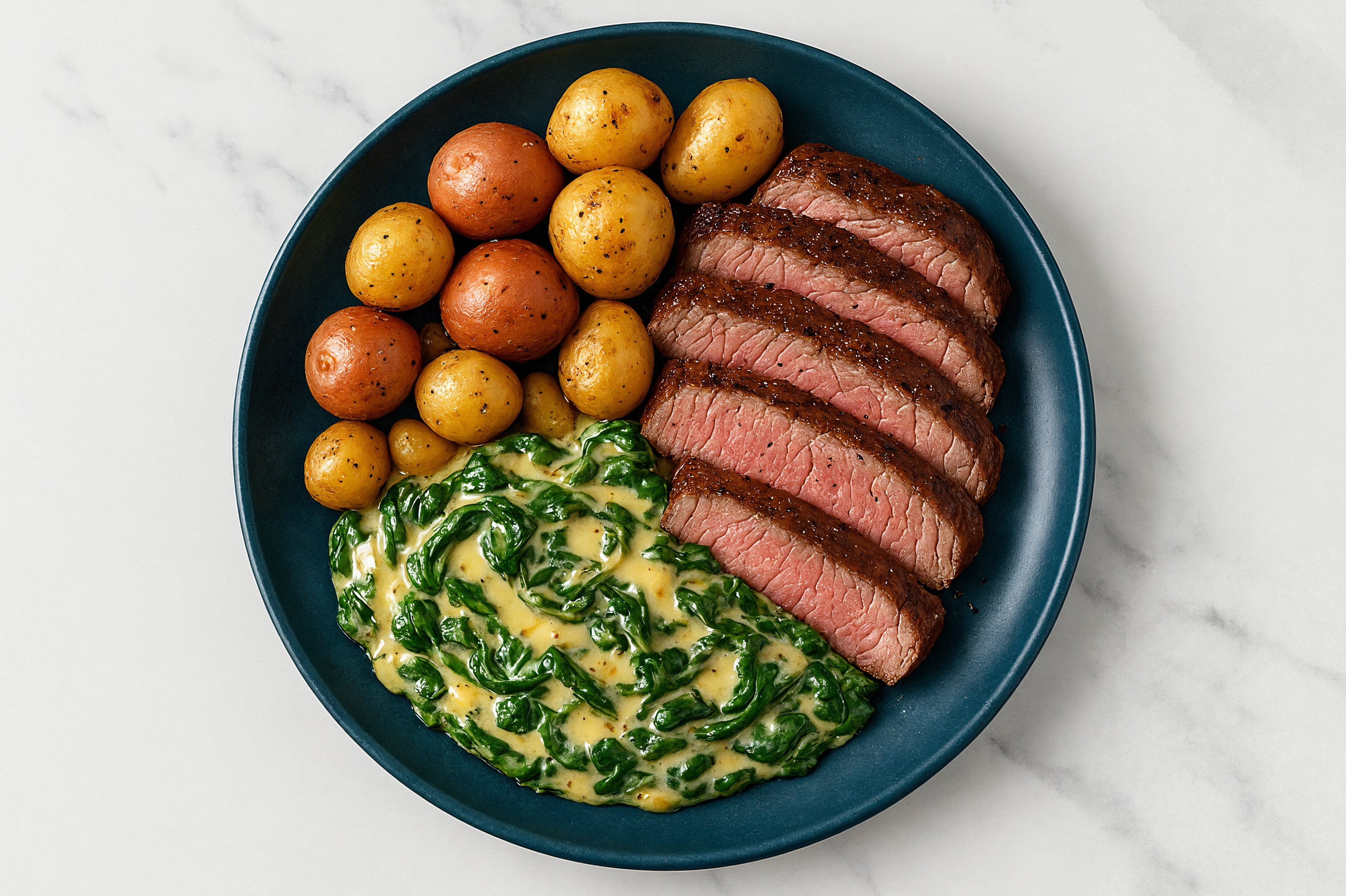 Herby Ribeye Steak with Roasted Potatoes + Cheesy Baby Spinach
