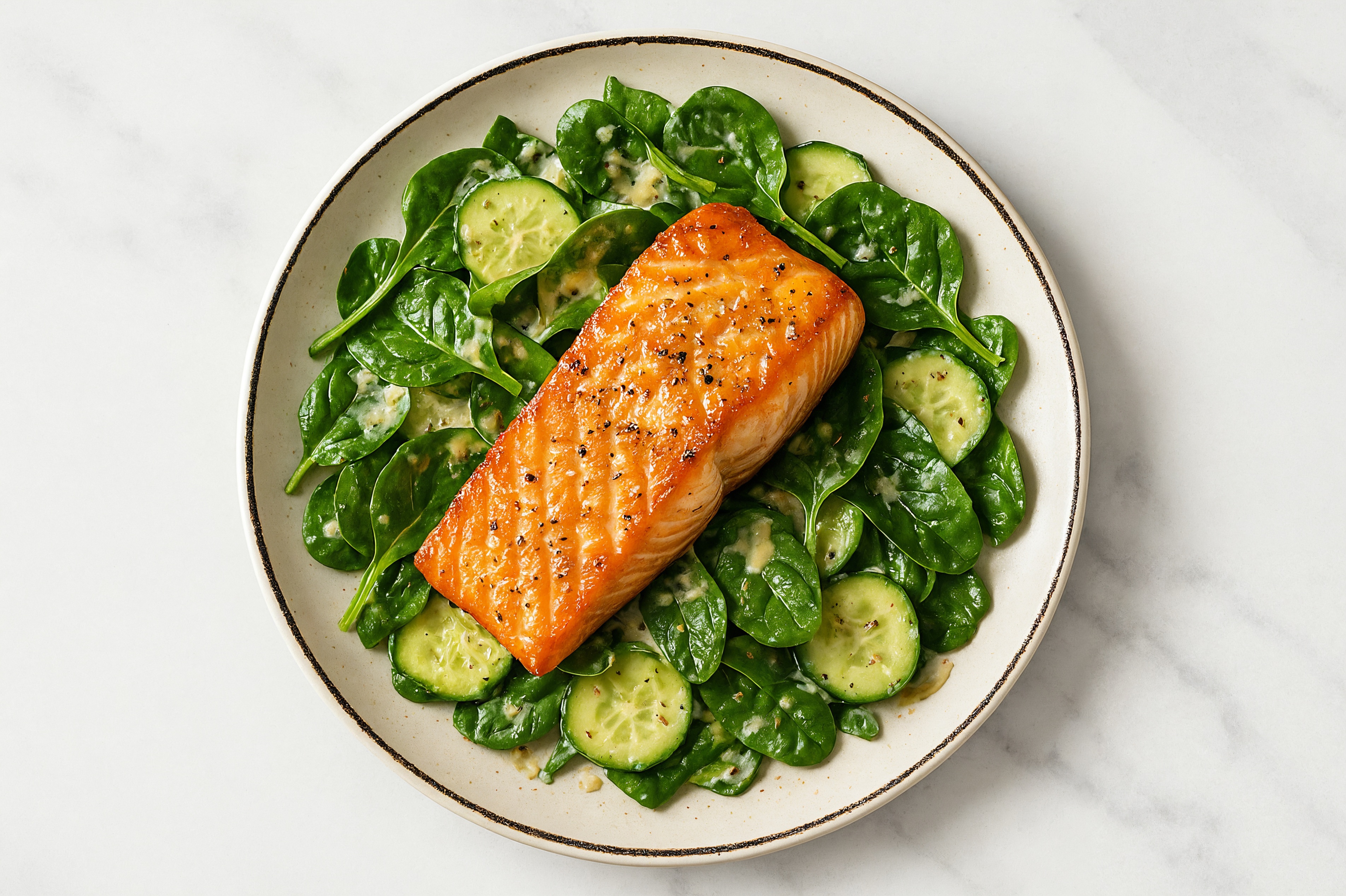 Baby Spinach Salad with Salmon, Cucumber & Creamy Caesar Dressing