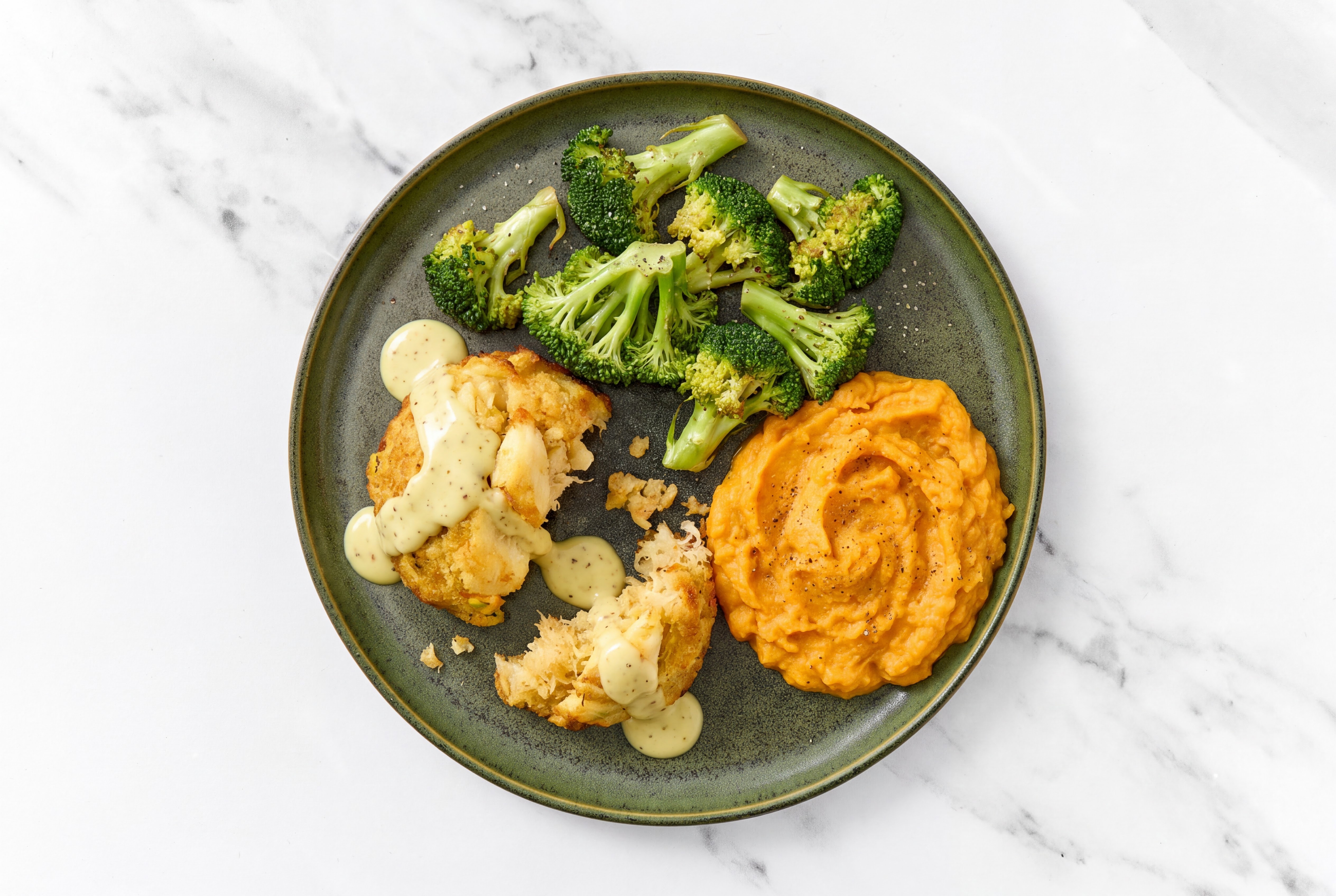 Herby Honey Mustard Jumbo Lump Crab Cakes with Sweet Potato Mash