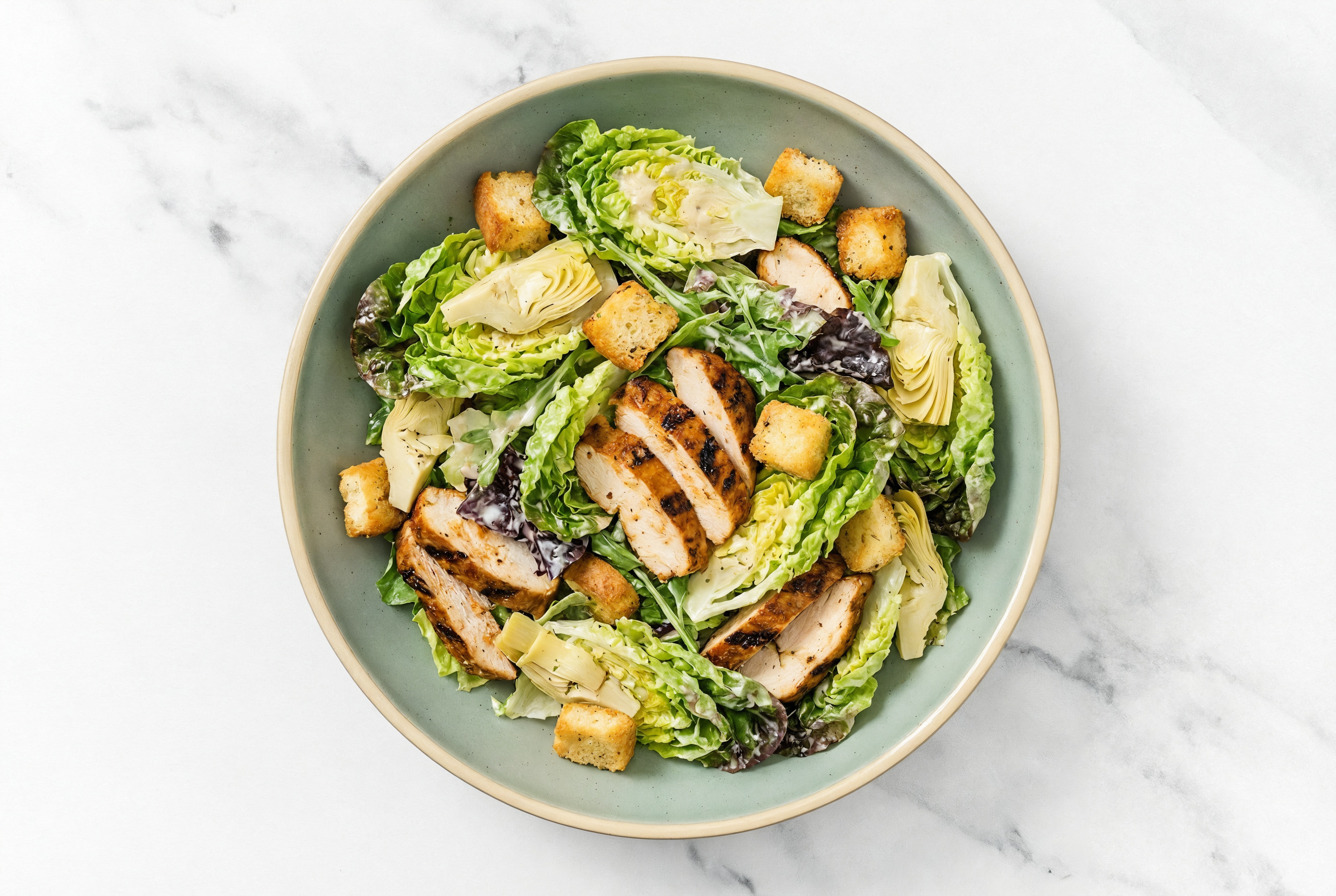 Quick Little Gem Salad with Chicken + Marinated Artichoke Hearts