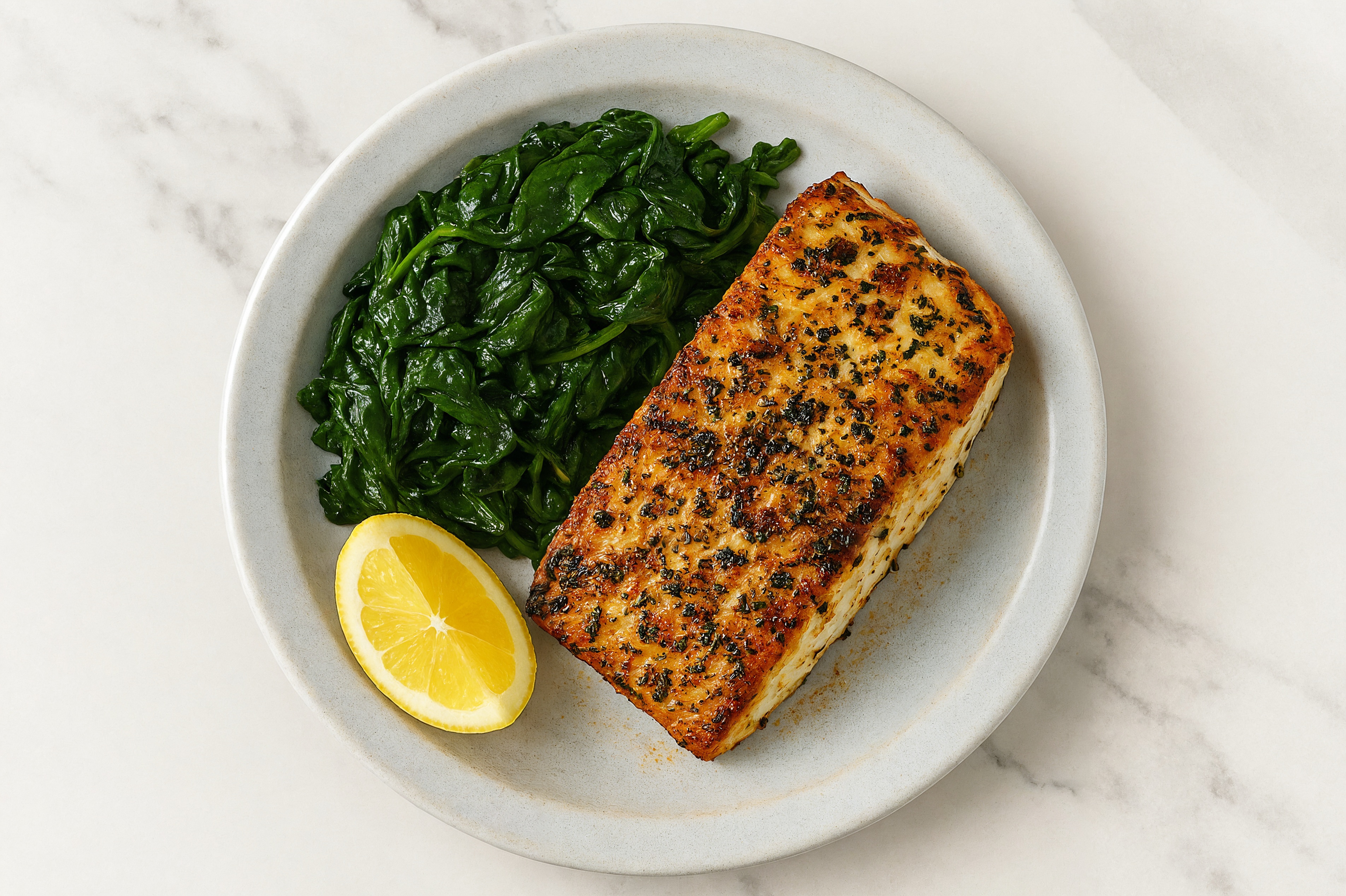  Garlic Herb Crusted Halibut + Lemony Sautéed Baby Spinach