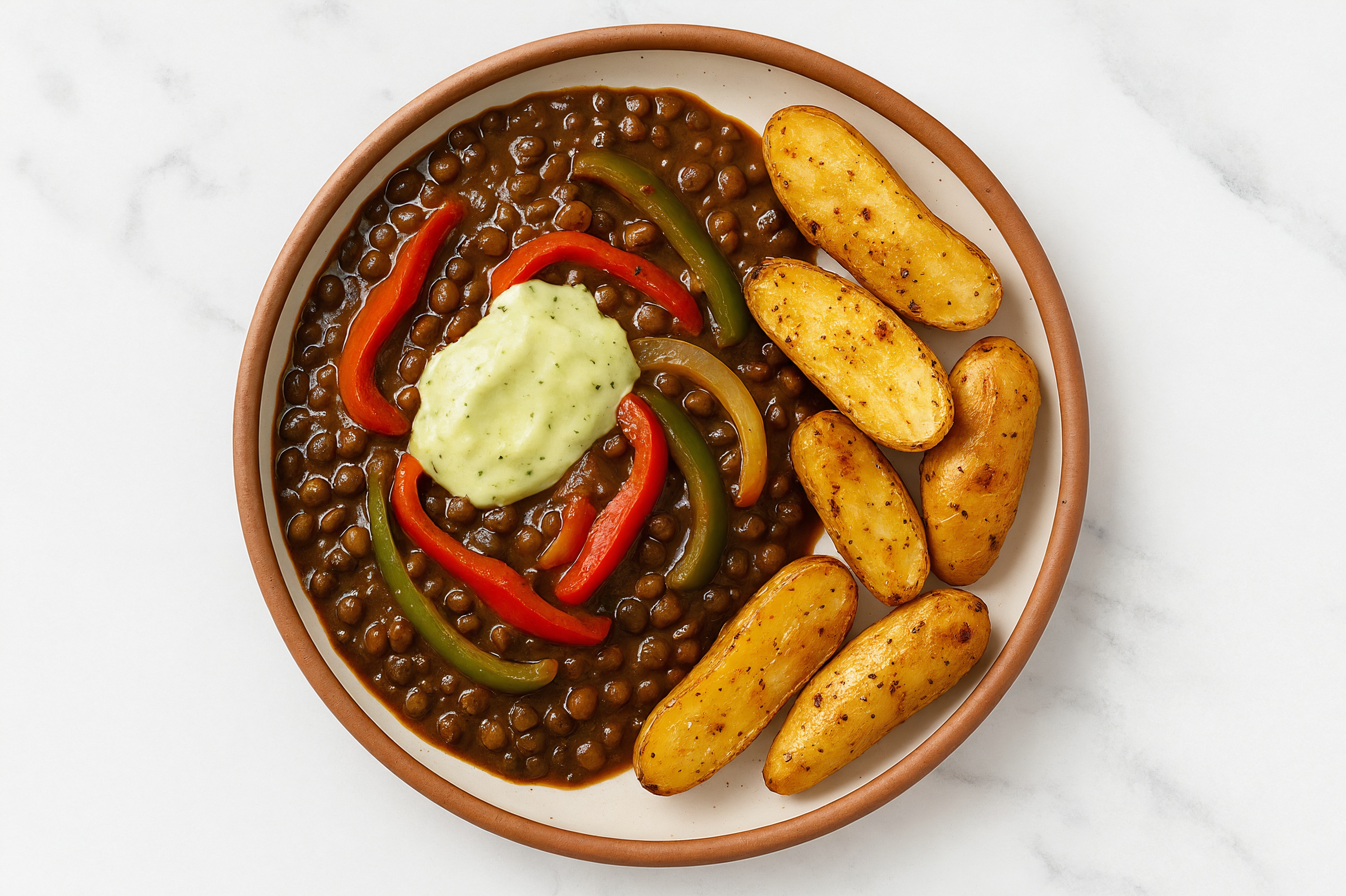 Roasted Fingerling Potatoes, Bell Peppers + Black Lentils with Jalapeño Crema Vegan Plate