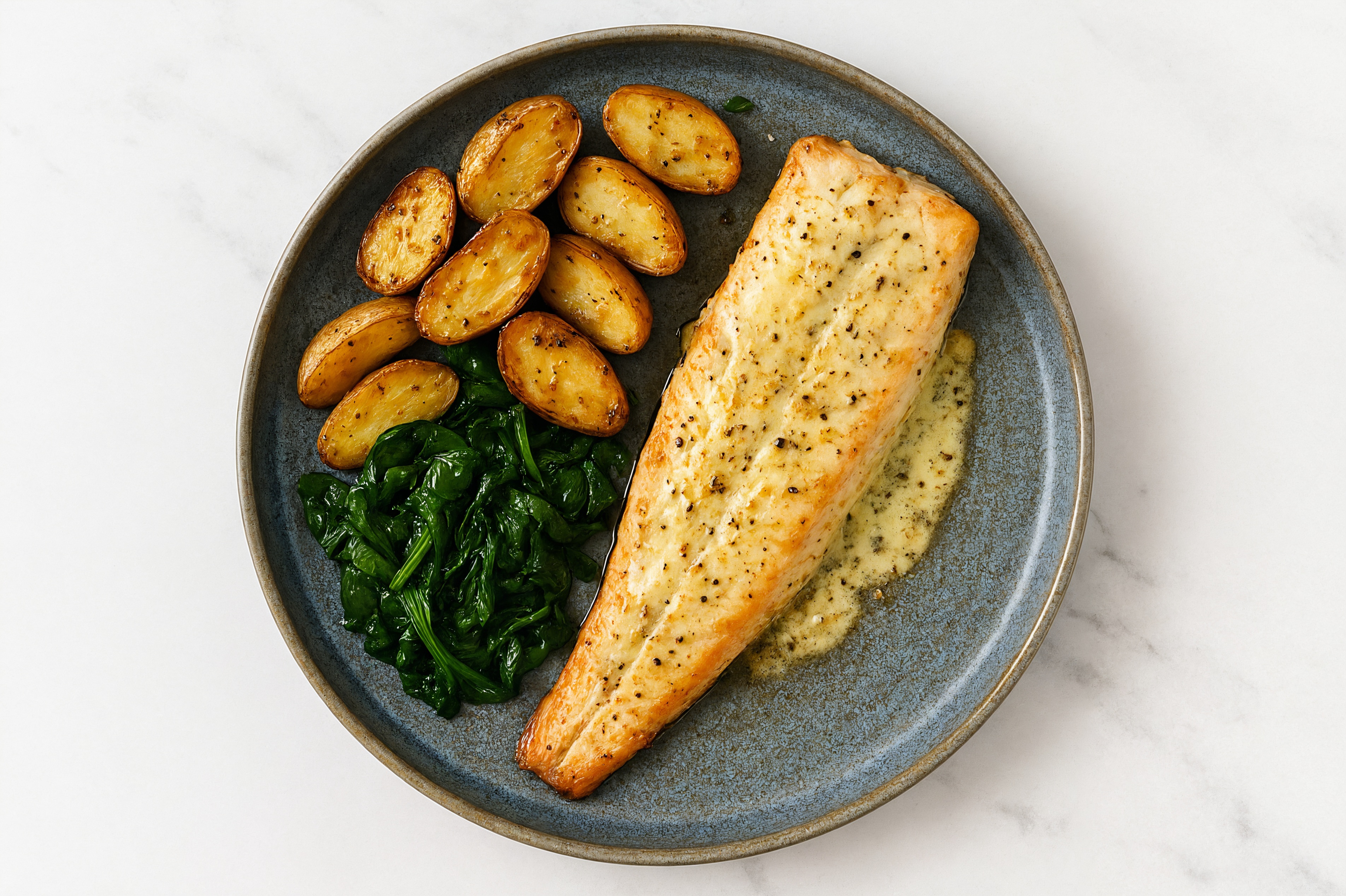 Lemon-Slow Churned & Peppercorn Pasture Butter Trout with Fingerling Potatoes & Spinach