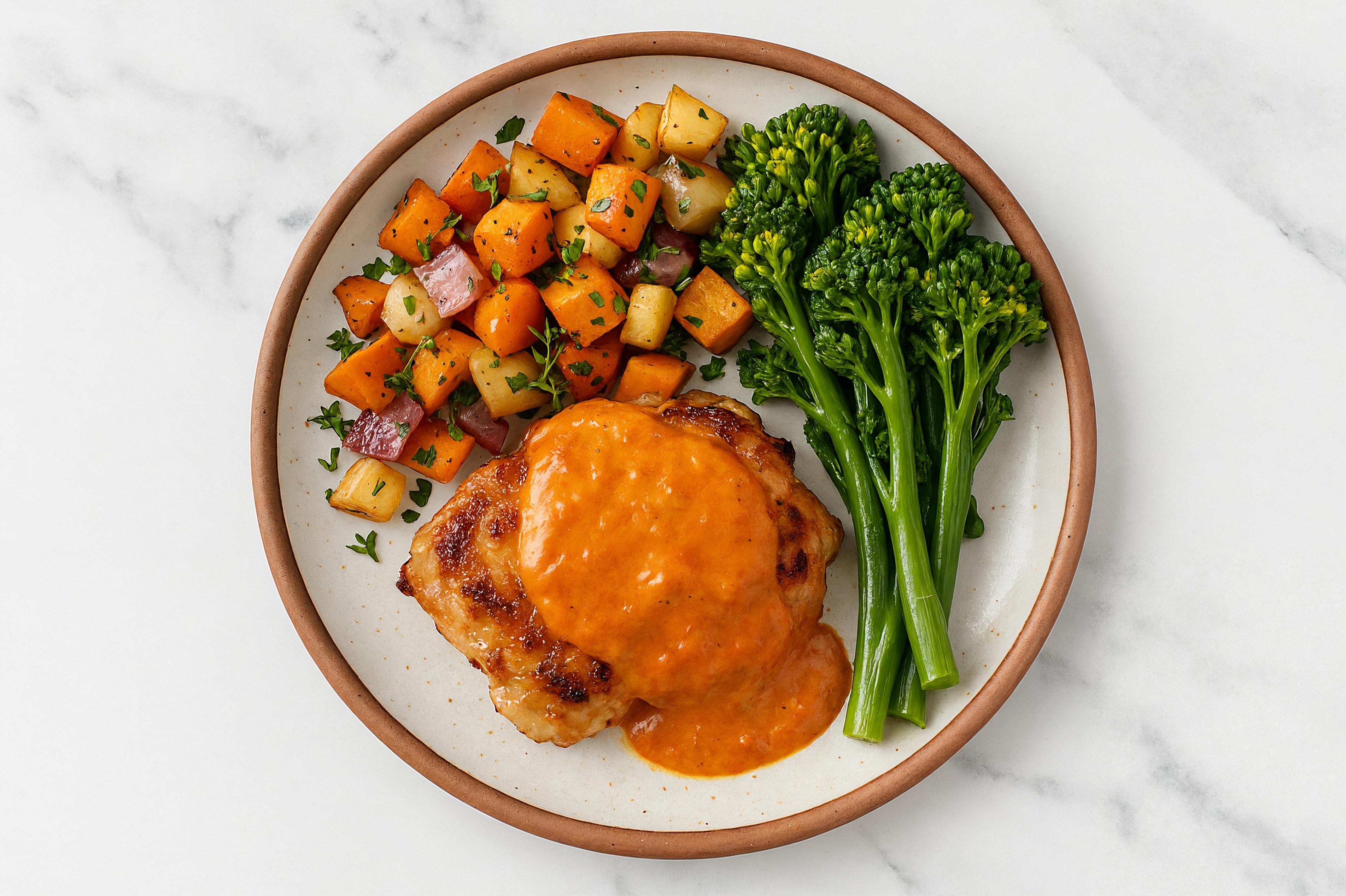 Creamy Vodka Smothered Chicken Thighs with Baby Broccoli & Roasted Vegetables