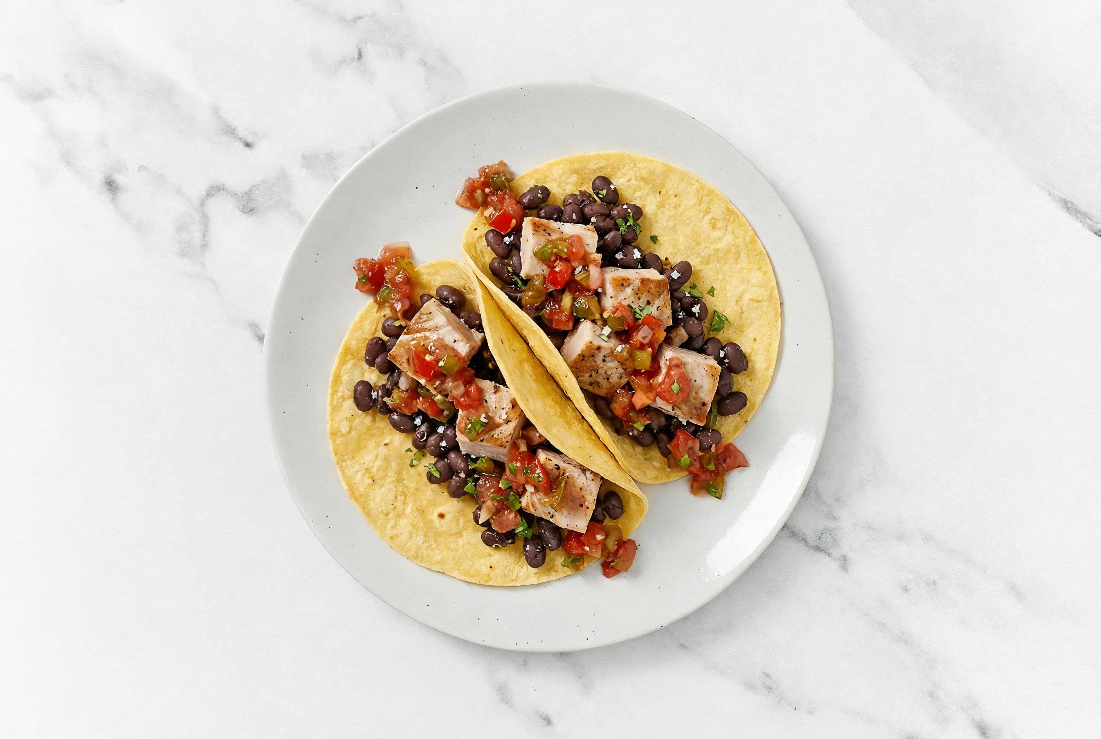 Herby Cuban Spiced Black Beans Bean Tacos with Seared Tuna & Pico De Gallo