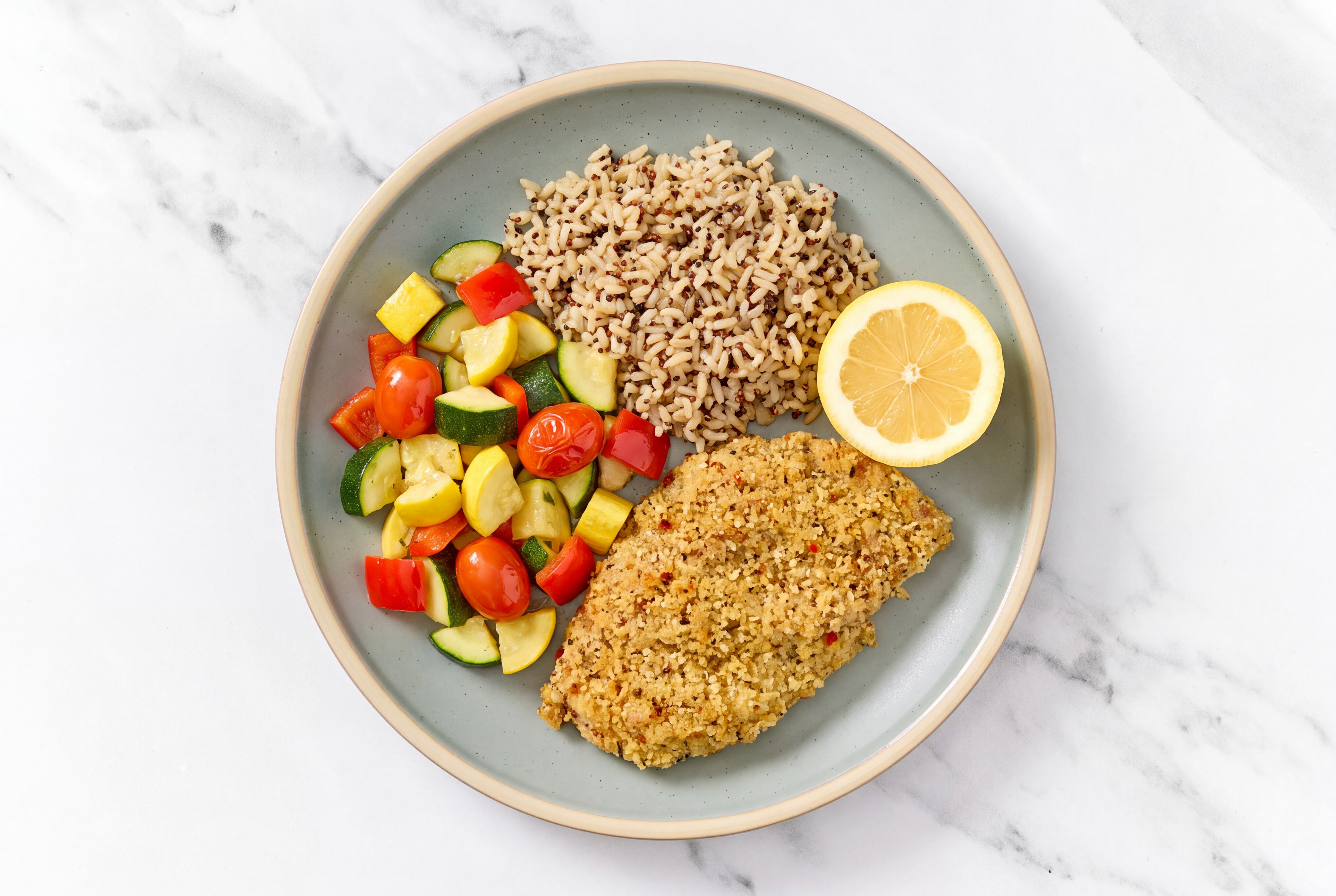 Lemon Parmesan Breaded Chicken Cutlet with Squash Skillet & Brown Rice