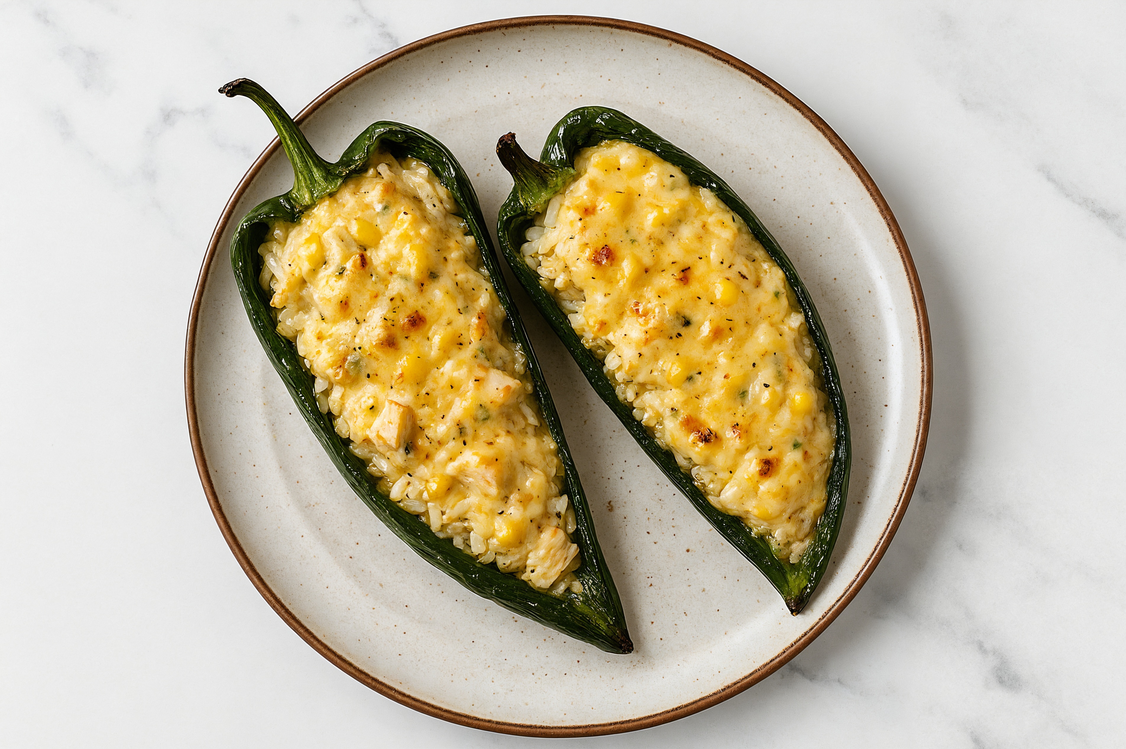 Poblano Peppers Stuffed with Mexican Street Corn + Grilled Seasoned Chicken Breast and Rice