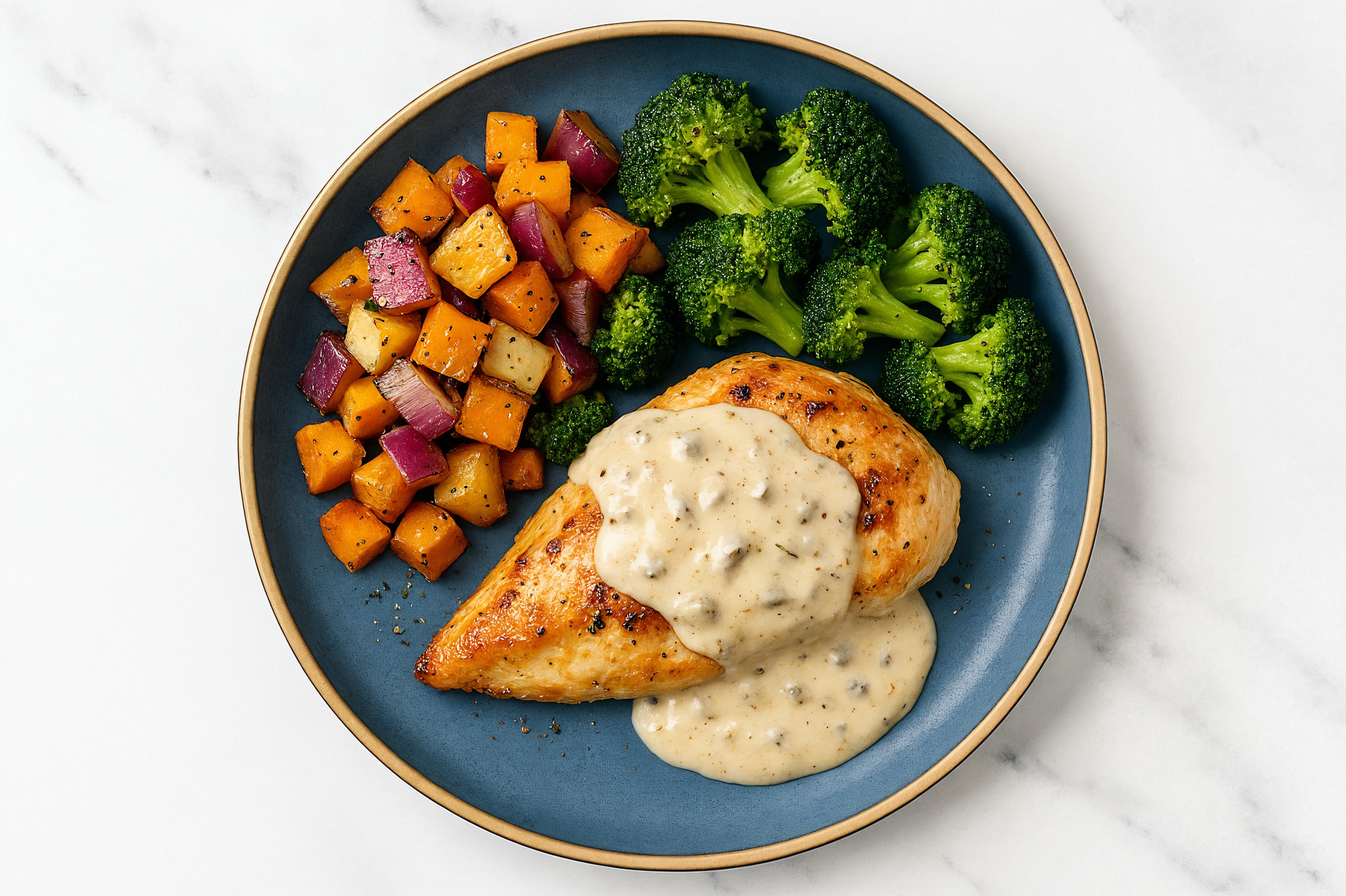 Creamy Truffle Smothered Chicken Breasts with Broccoli & Roasted Vegetables