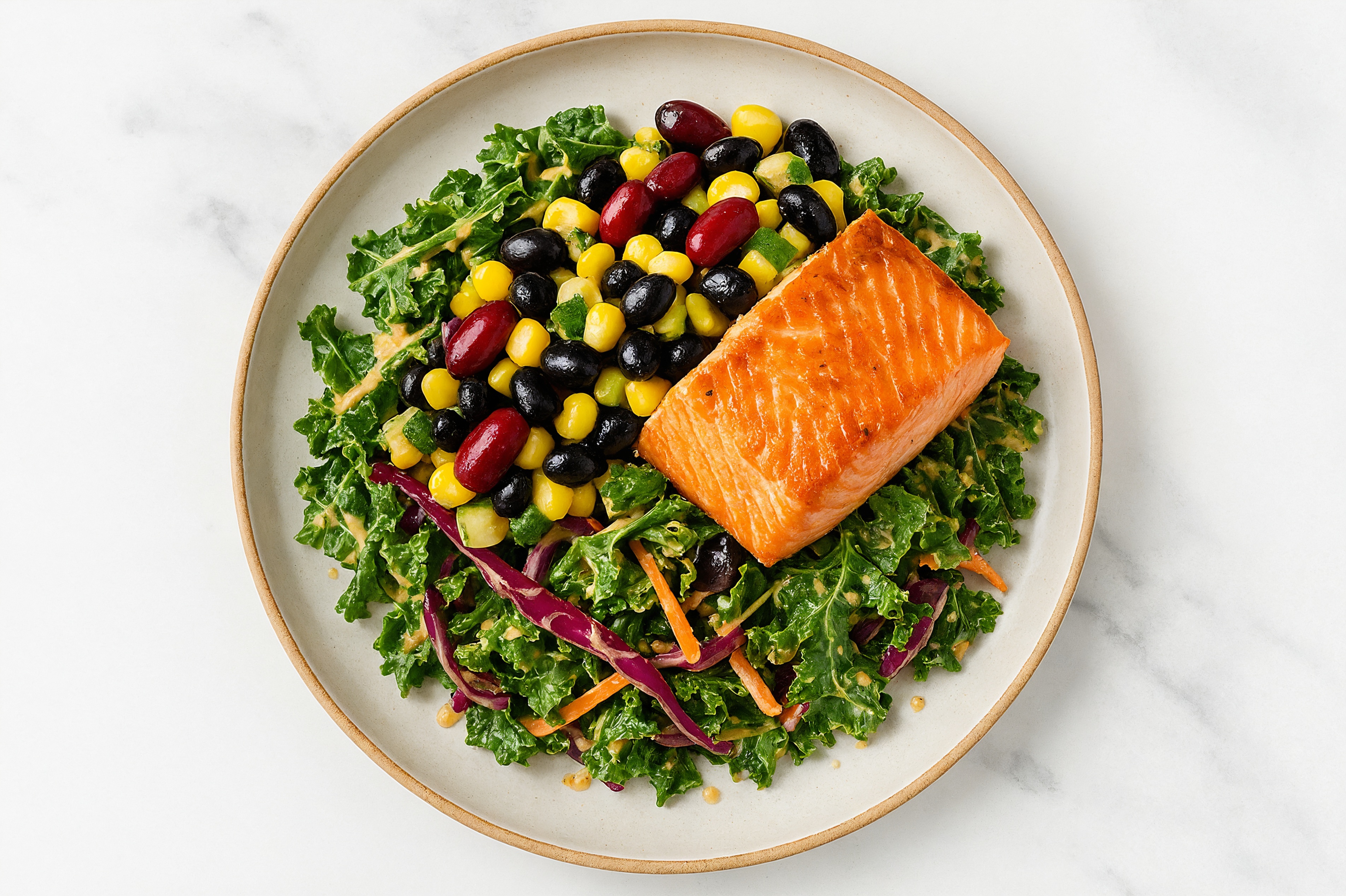 Buffalo Ranch Kale Salad with Sockeye Salmon & Black Beans