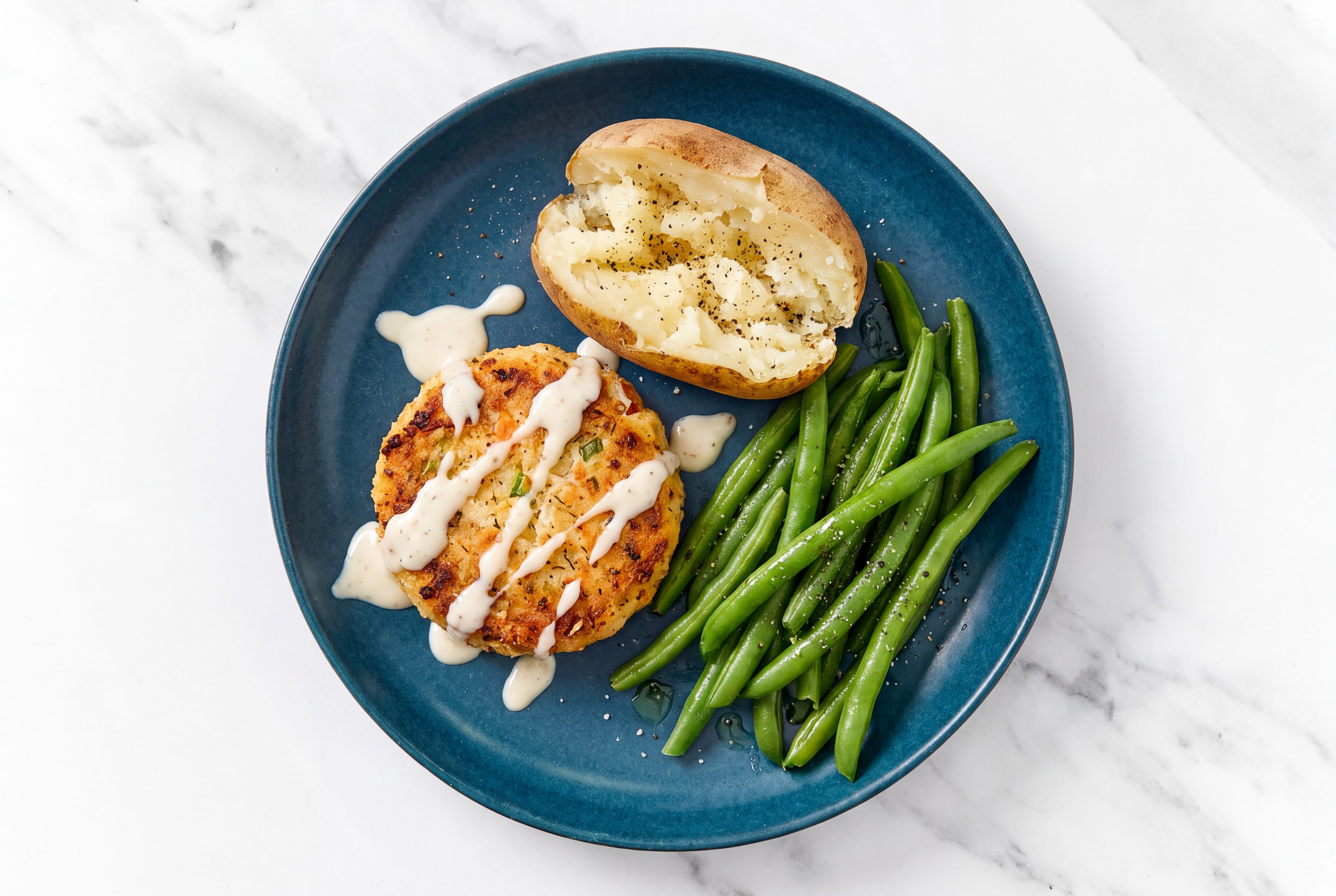 Garlicky Crab Cakes with Potatoes + Green Beans