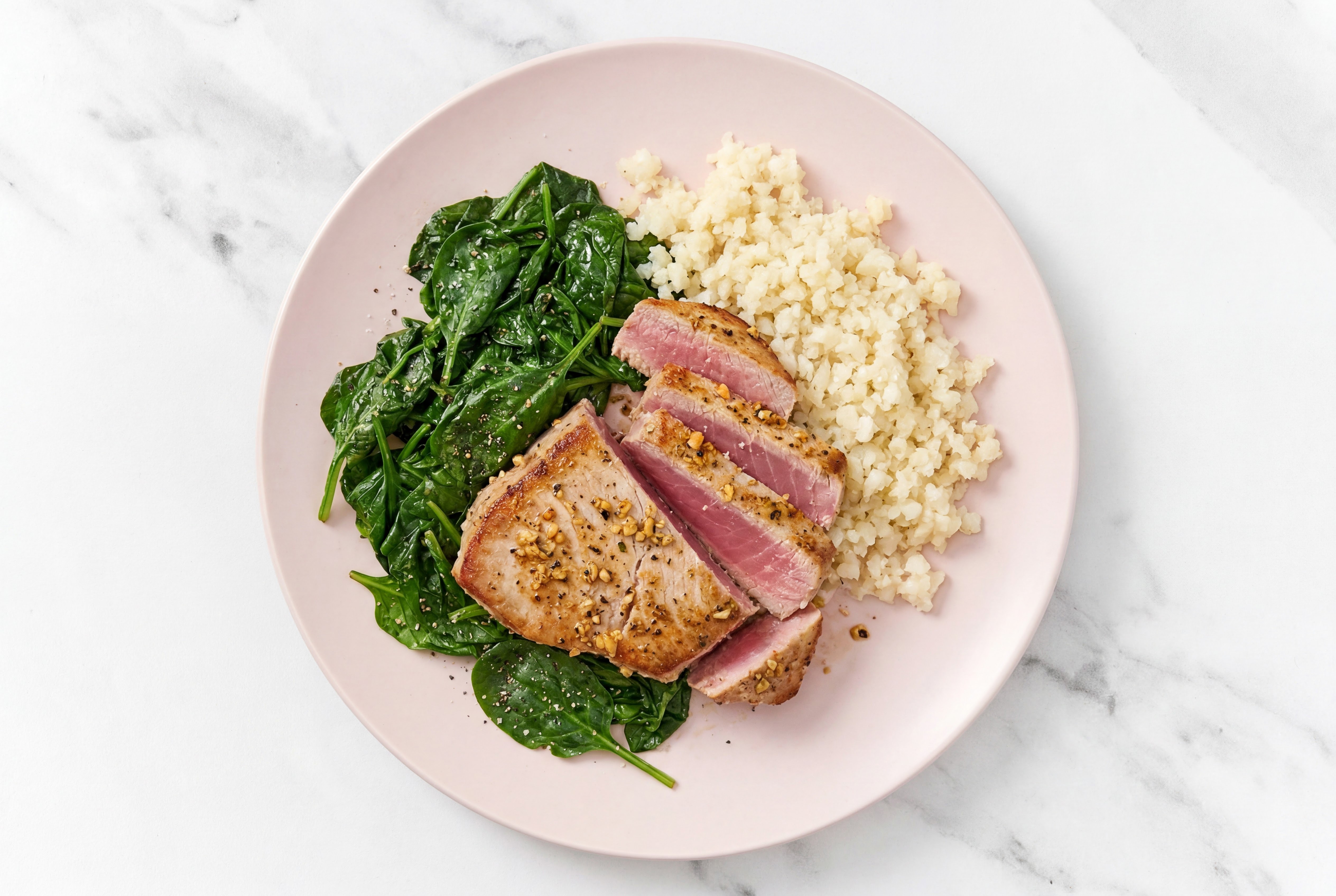 Herby Seared Tuna Steak with Cauliflower Rice with Baby Spinach