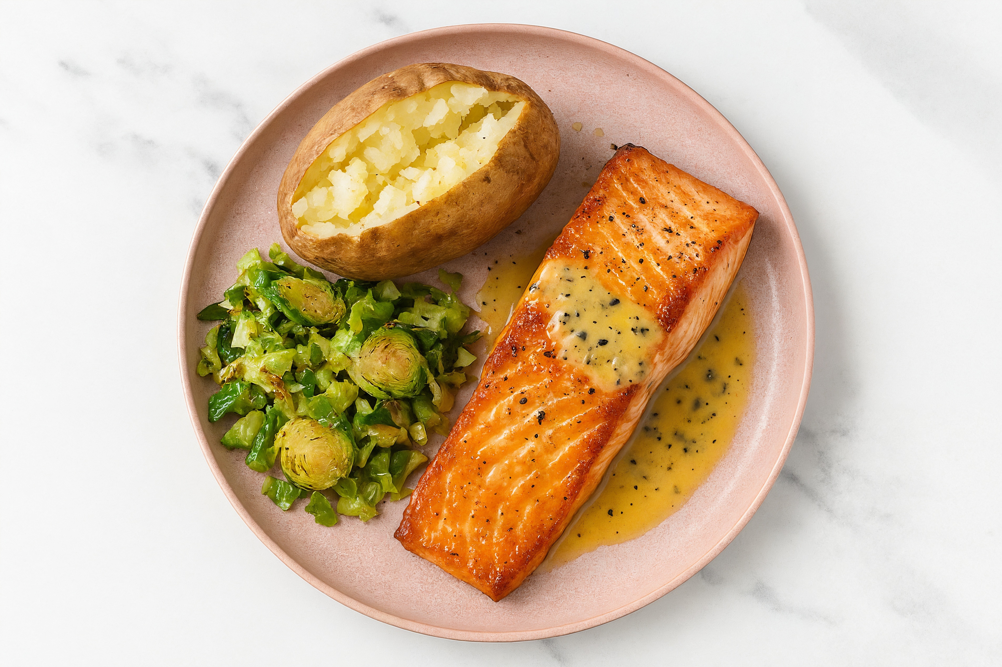 Lemon-Slow Churned & Peppercorn Pasture Butter Salmon with Russet Potato & Brussels