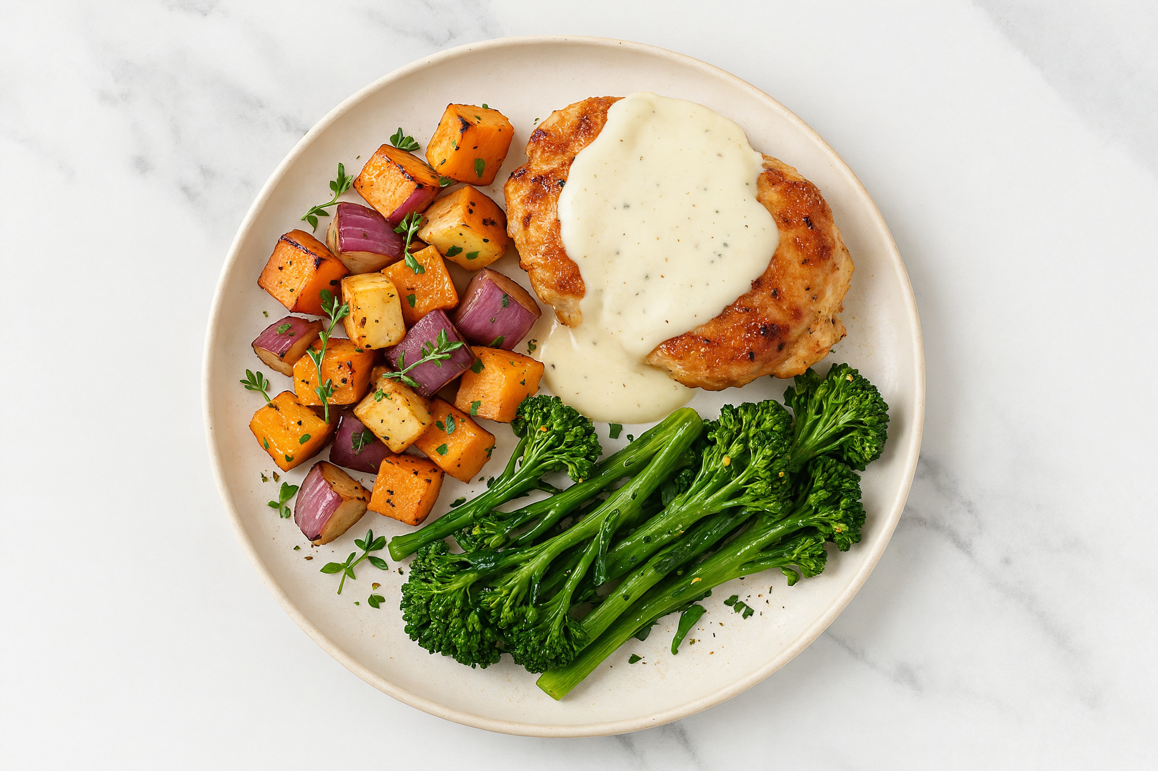 Creamy Parmesan Smothered Chicken Thighs with Baby Broccoli & Roasted Vegetables-image