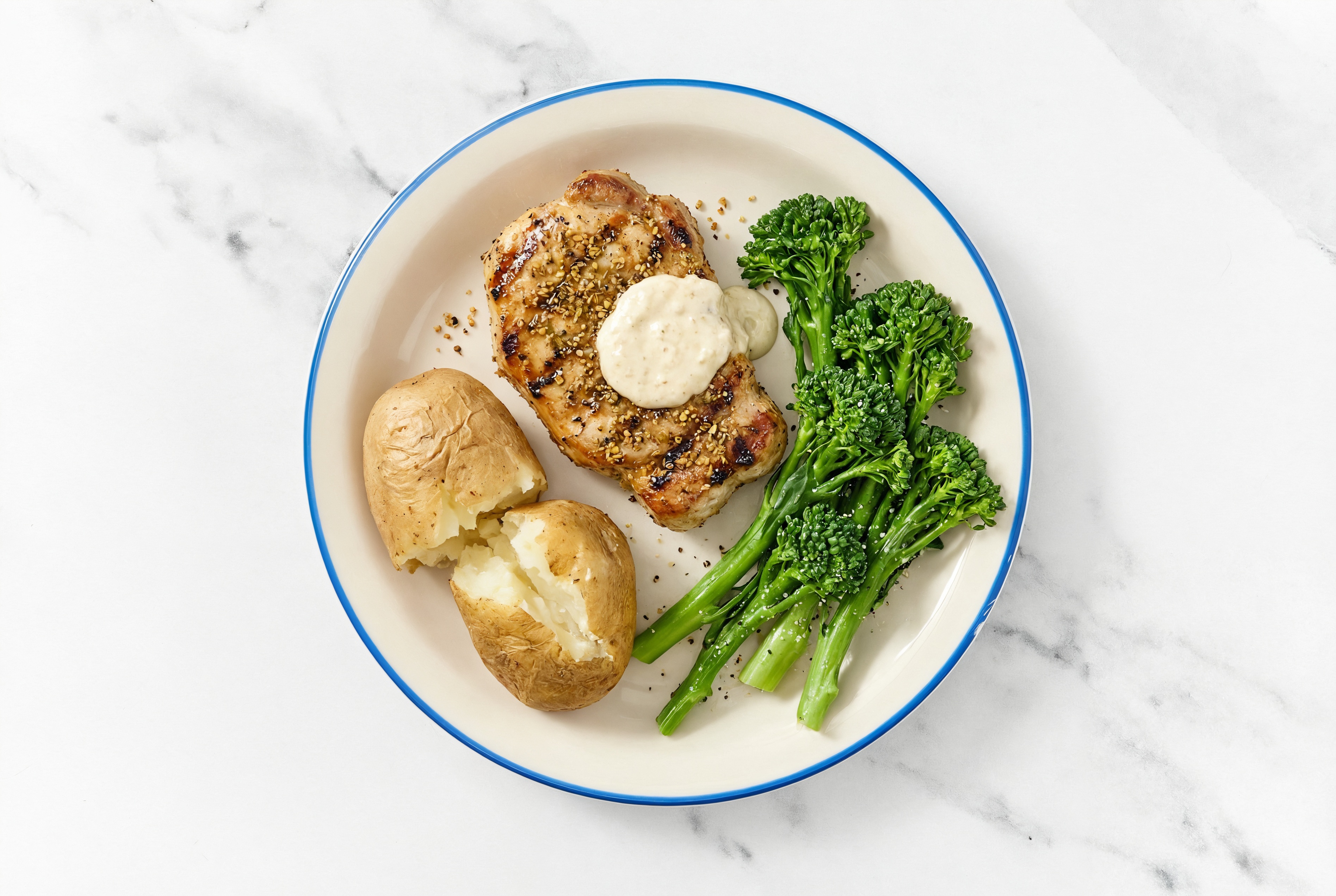 Sweet Baby Broccoli Pork Chops with Horseradish + Russet Potatoes