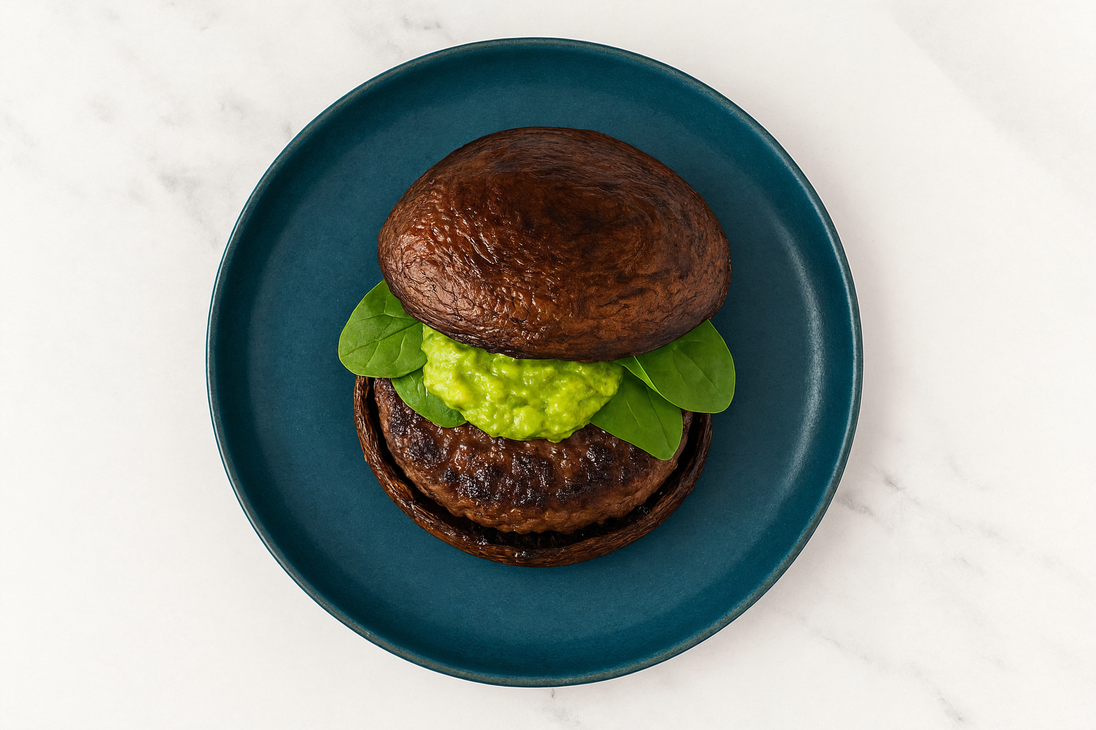 Herby Guacamole Burger on Mushroom Bun with Ground Beef Patties