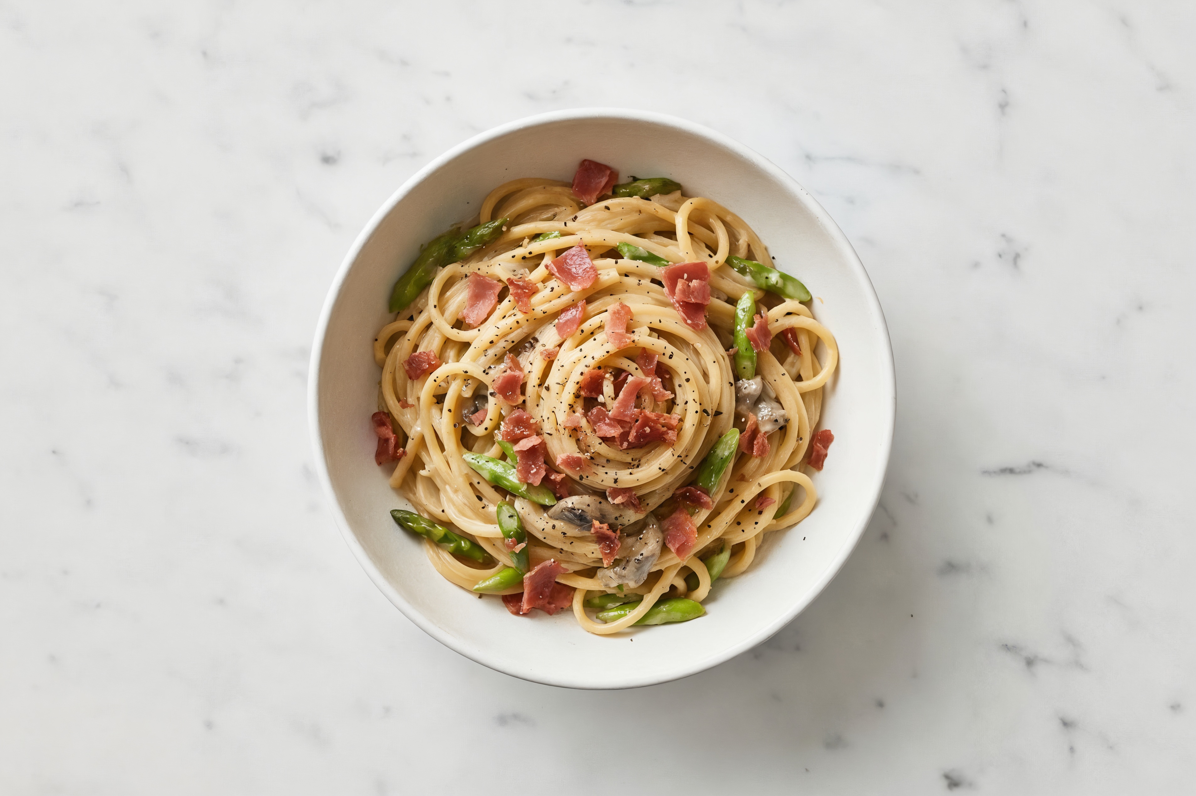 Crispy Prosciutto + Asparagus Linguine with Creamy Rosemary Mushroom Truffle Sauce