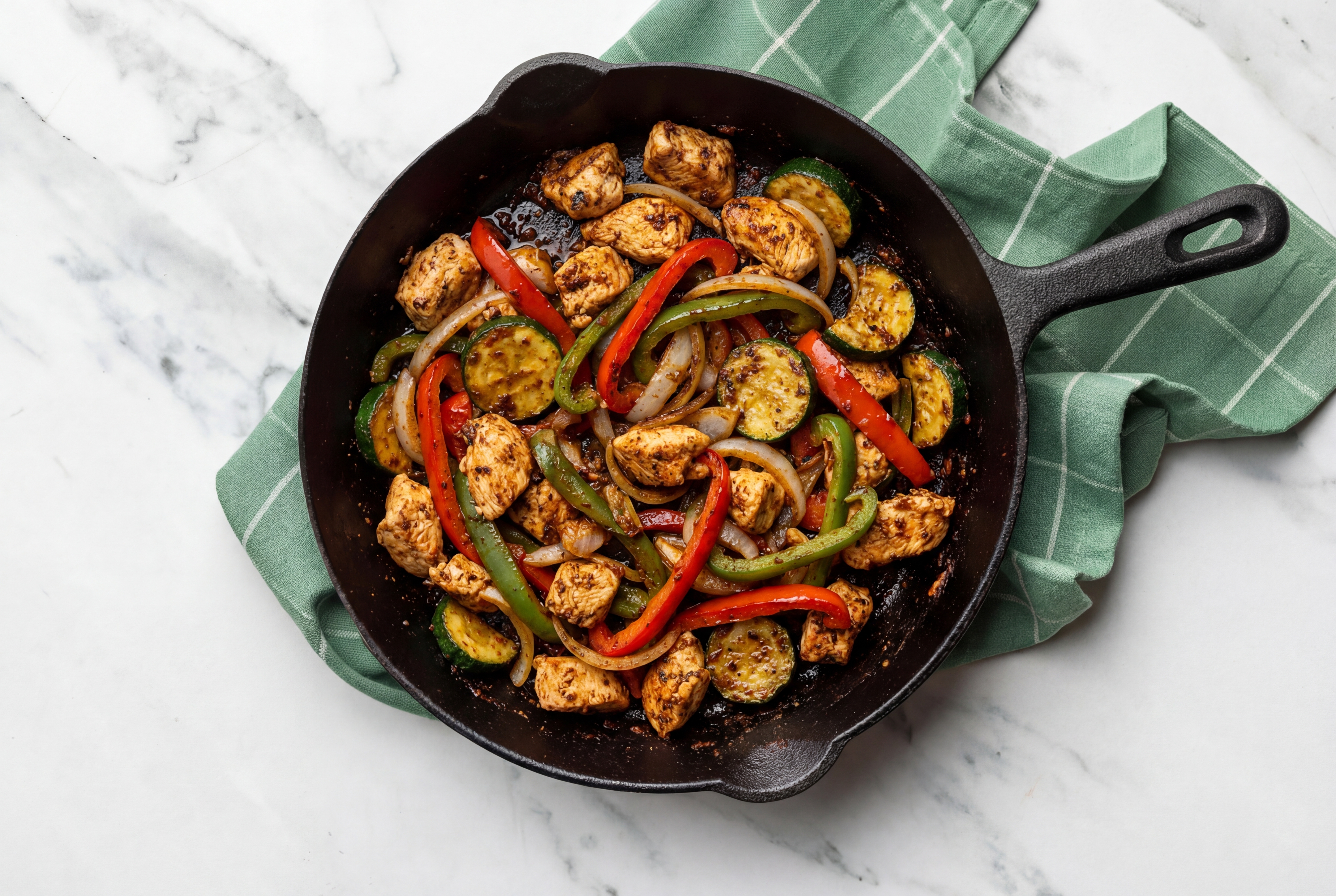 Hearty Blackened Chicken Breast + Zucchini Skillet with Bell Pepper Onion Saute