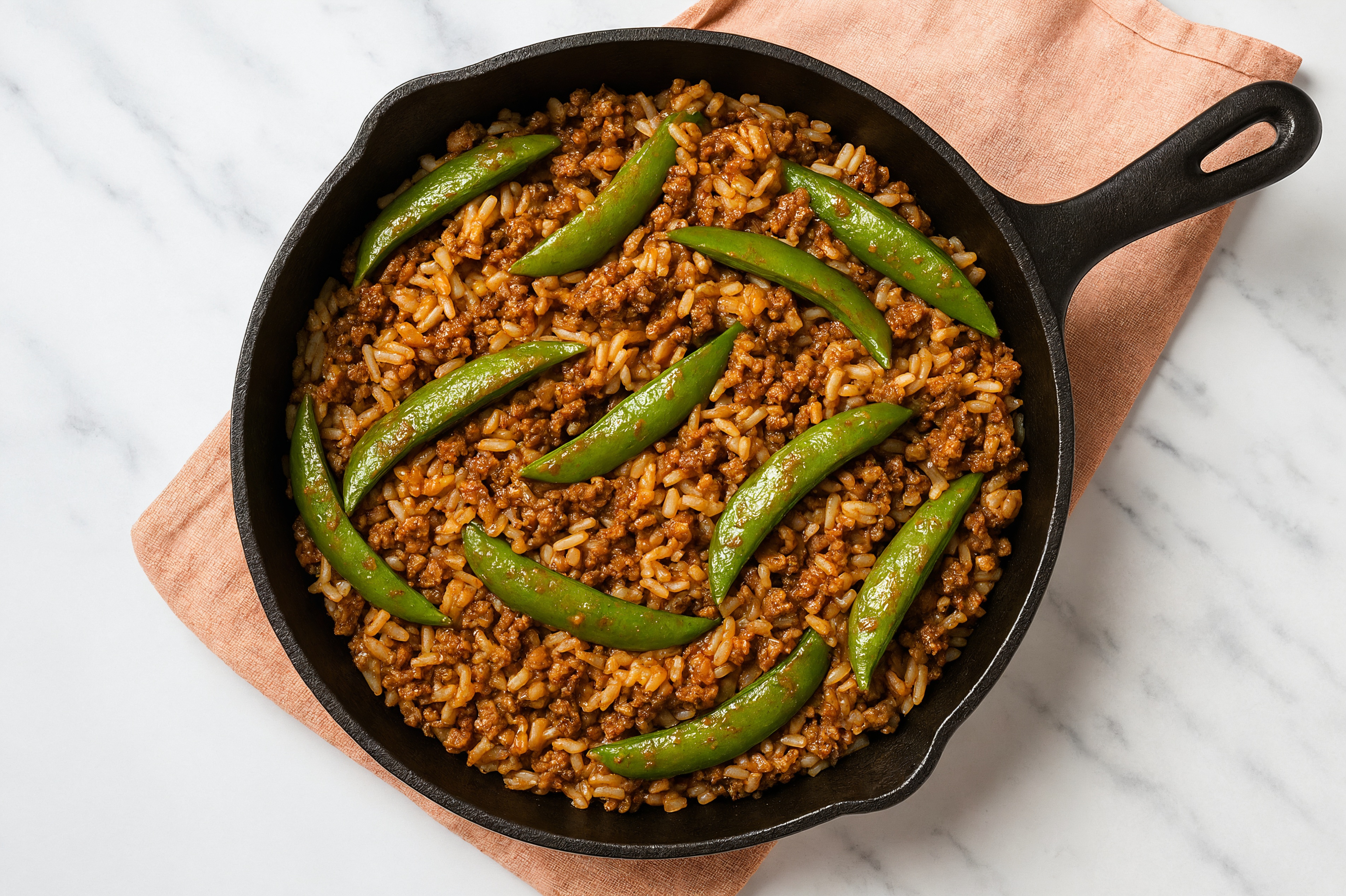 Sesame Ginger Pea Snap + Ground Bison Stir-Fry with Long Grain White Rice