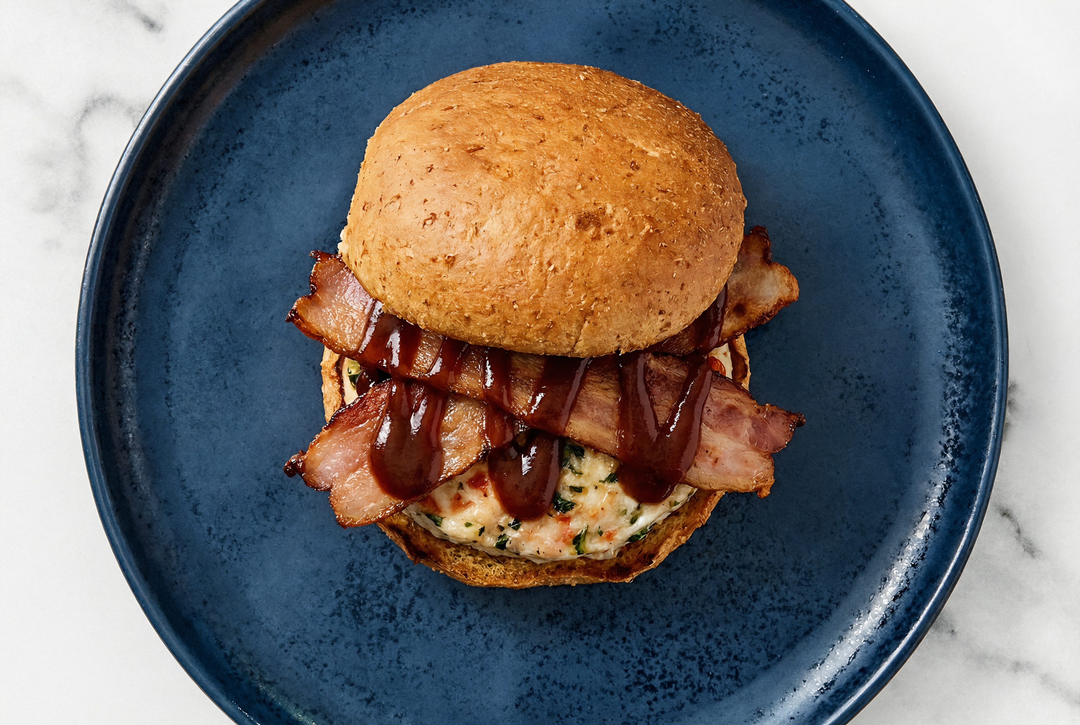 Garlic Chicken Burger on Sprouted Grain with BBQ & Turkey Bacon with Original BBQ Sauce