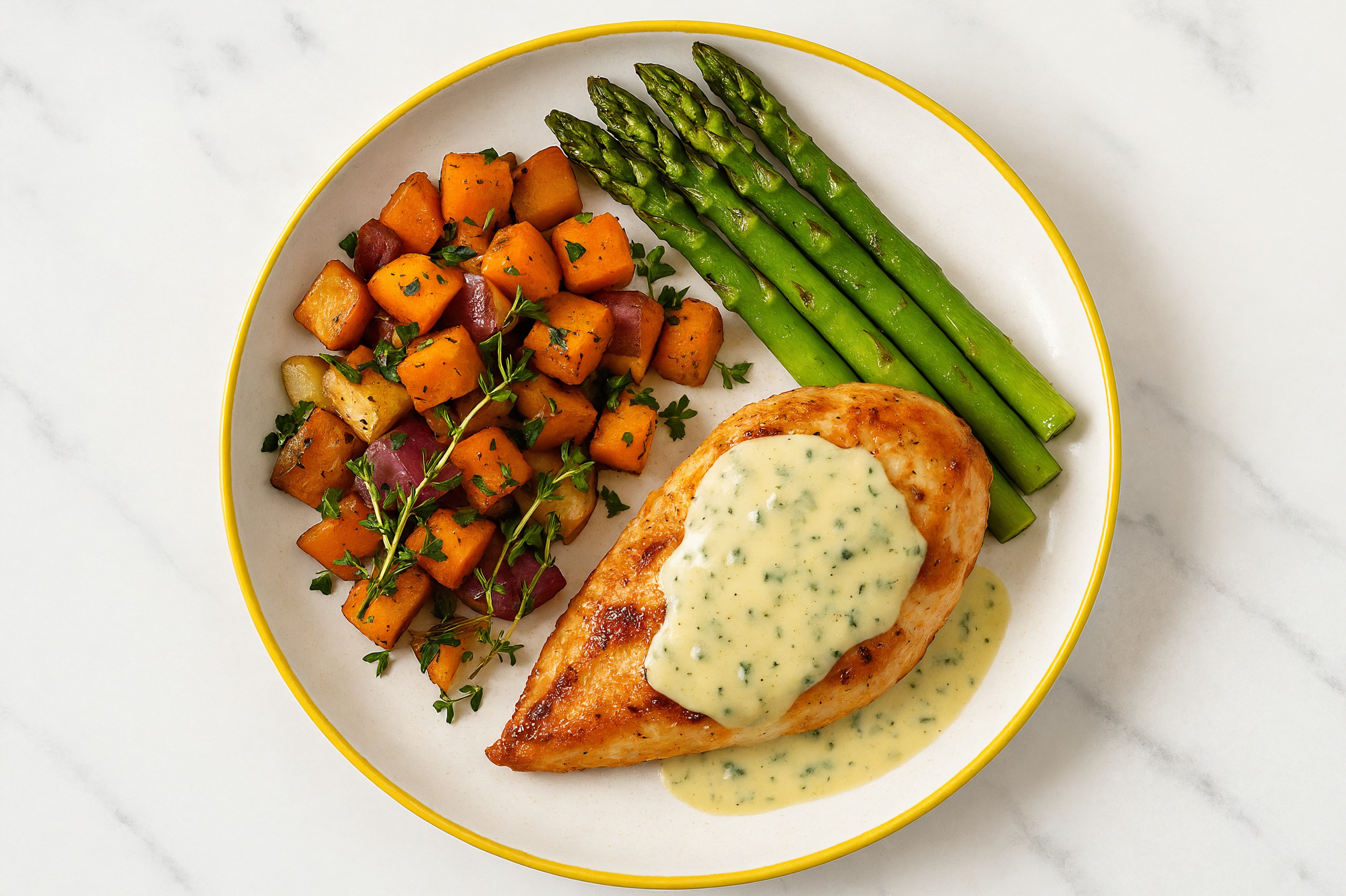 Creamy Herb Smothered Chicken Breasts with Asparagus & Roasted Vegetables