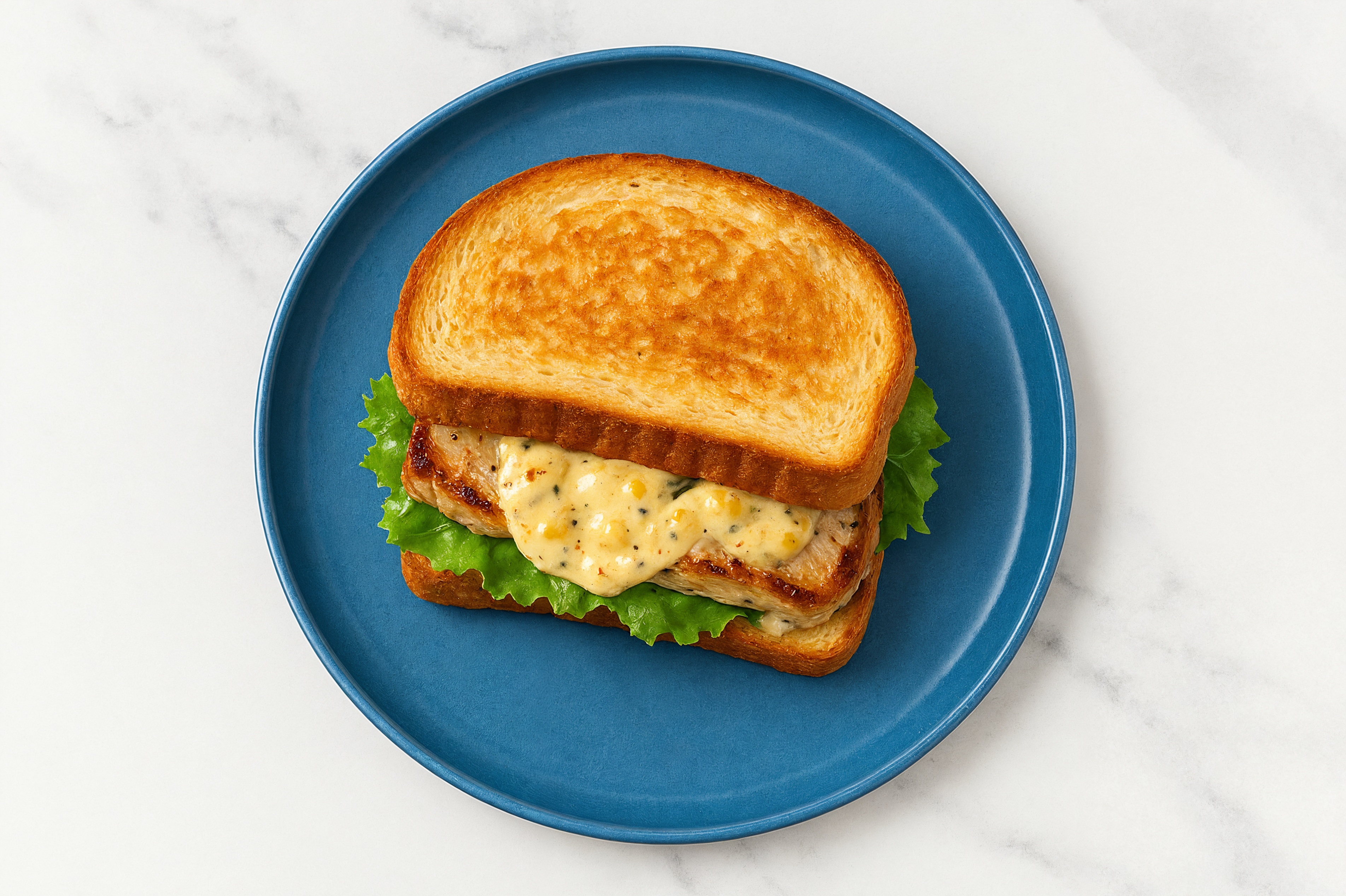 Street Corn Grilled Pork Sandwich with Green Leaf Lettuce on Honey White Bread