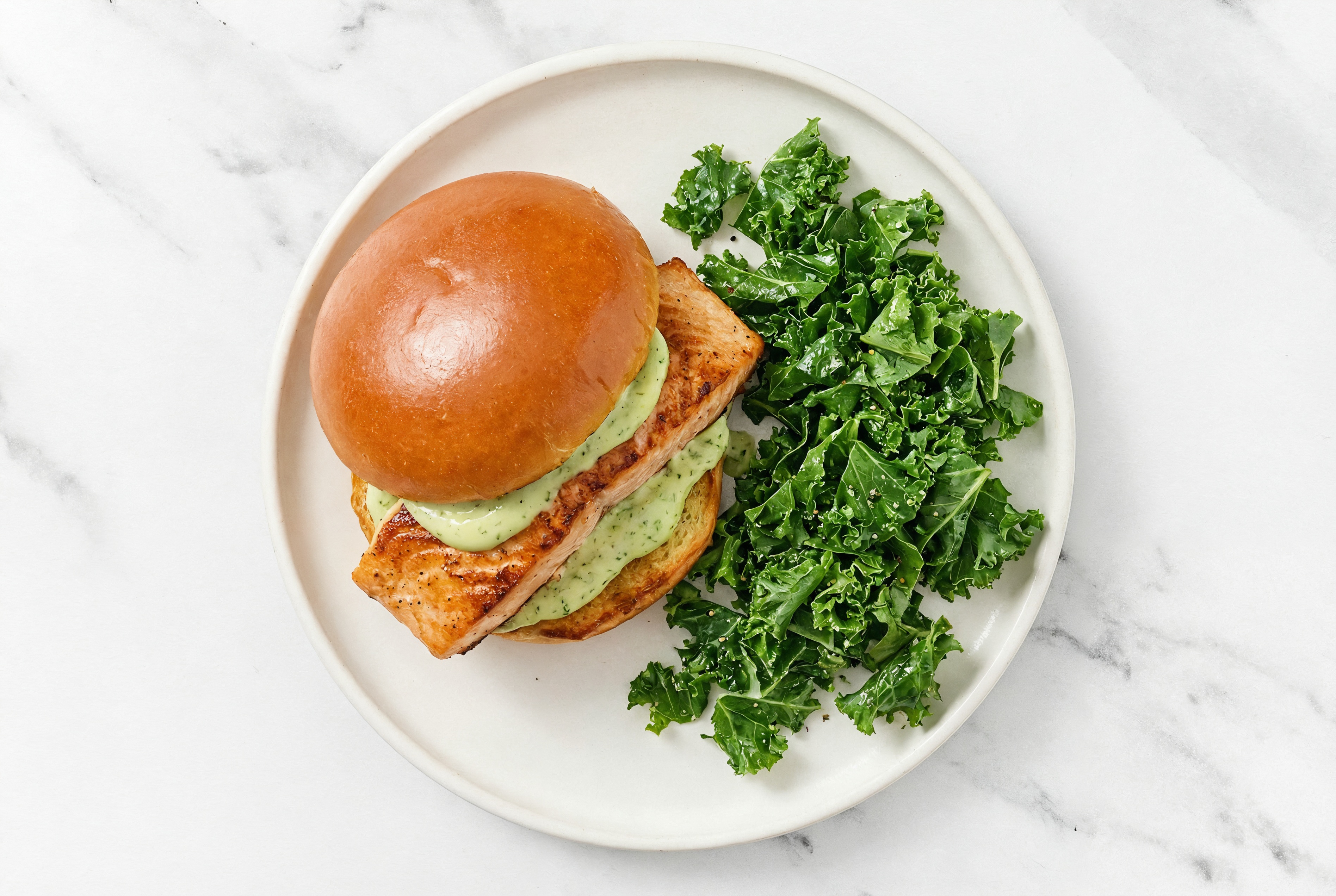 Green Goddess Salmon Sandwich on Brioche with Kale
