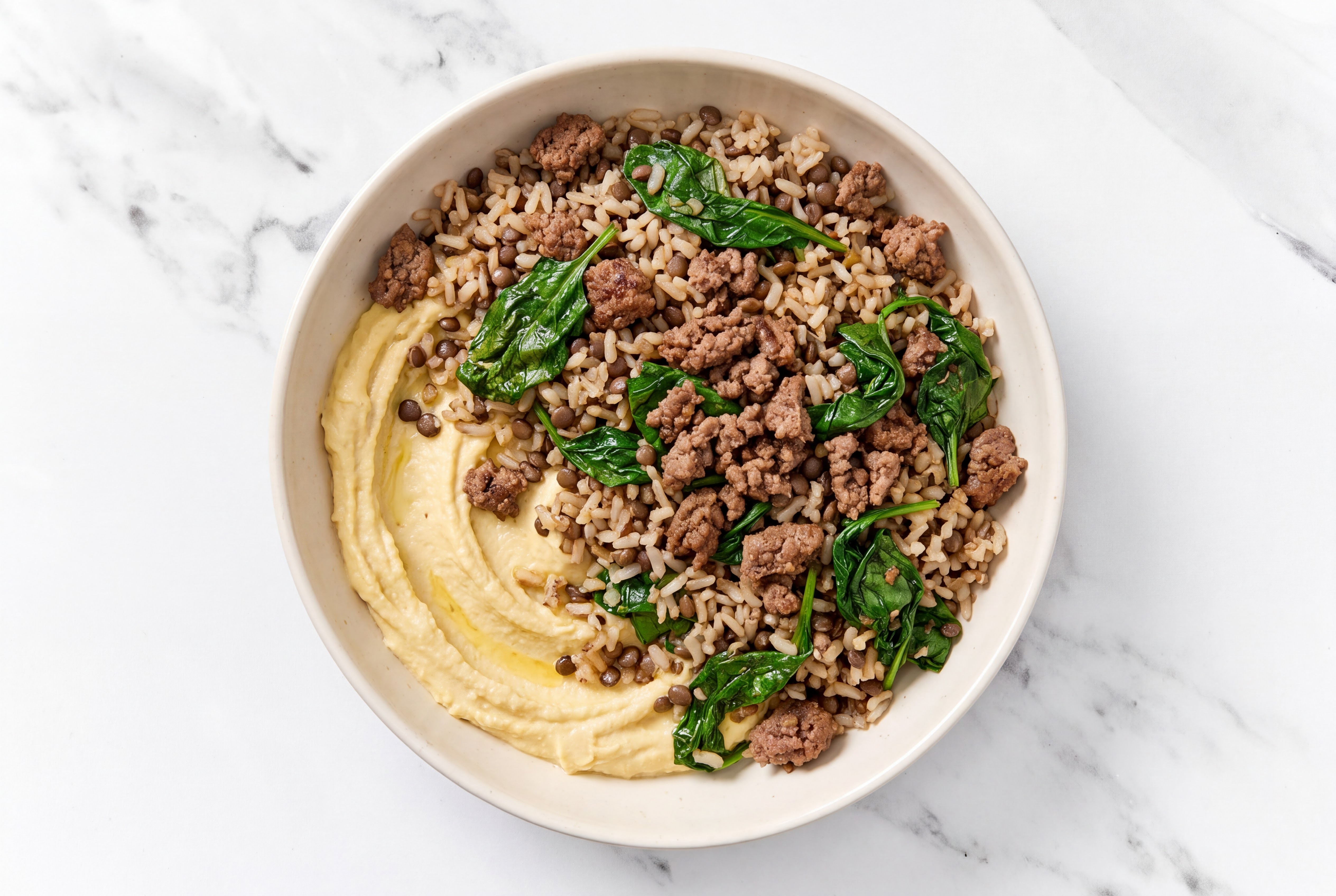 Ground 93/7 Lean Beef & Spinach Grain Bowl with Lemon Garlic Hummus