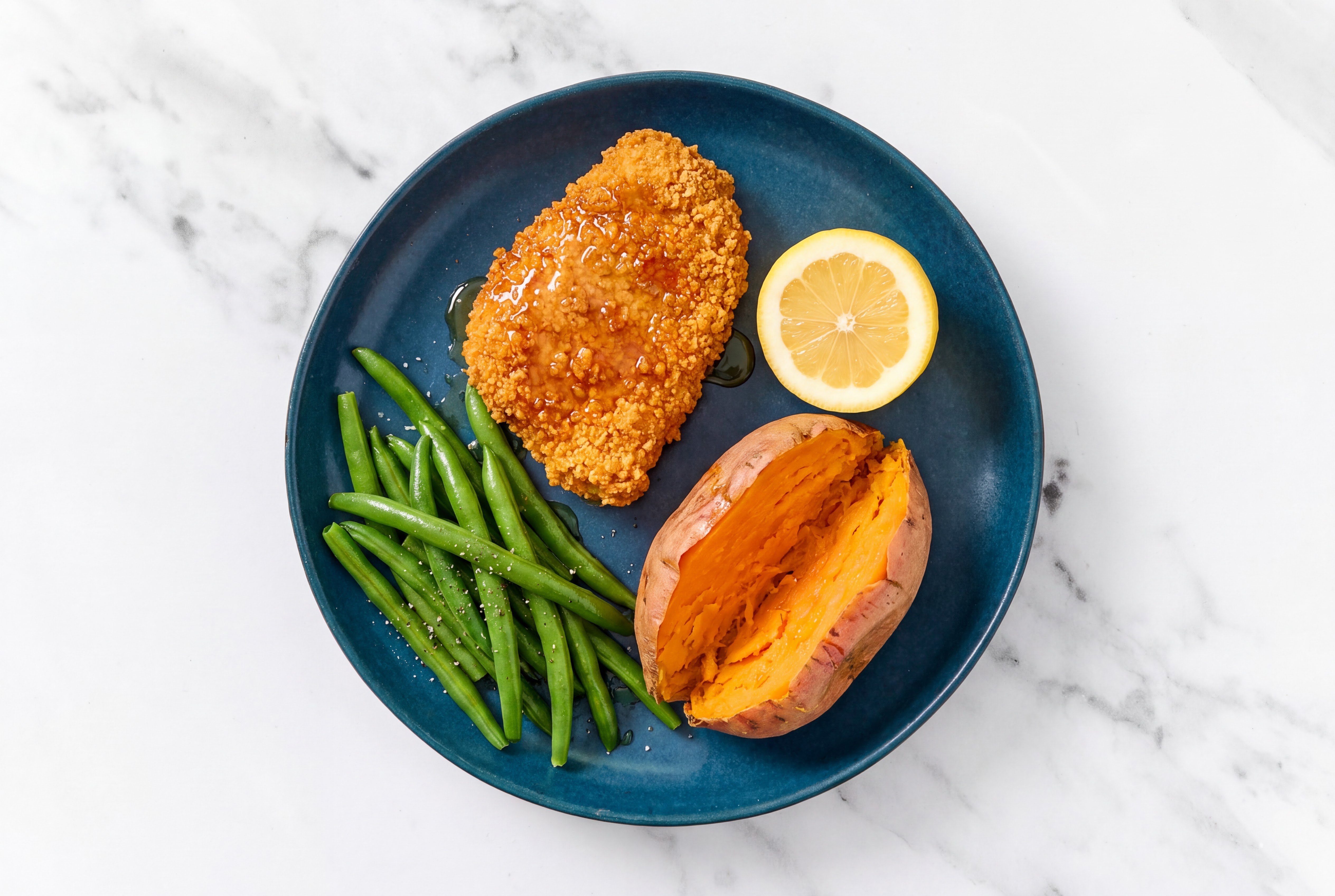 Lemon Hot Honey Breaded Chicken Cutlet with Green Beans & Sweet Potato