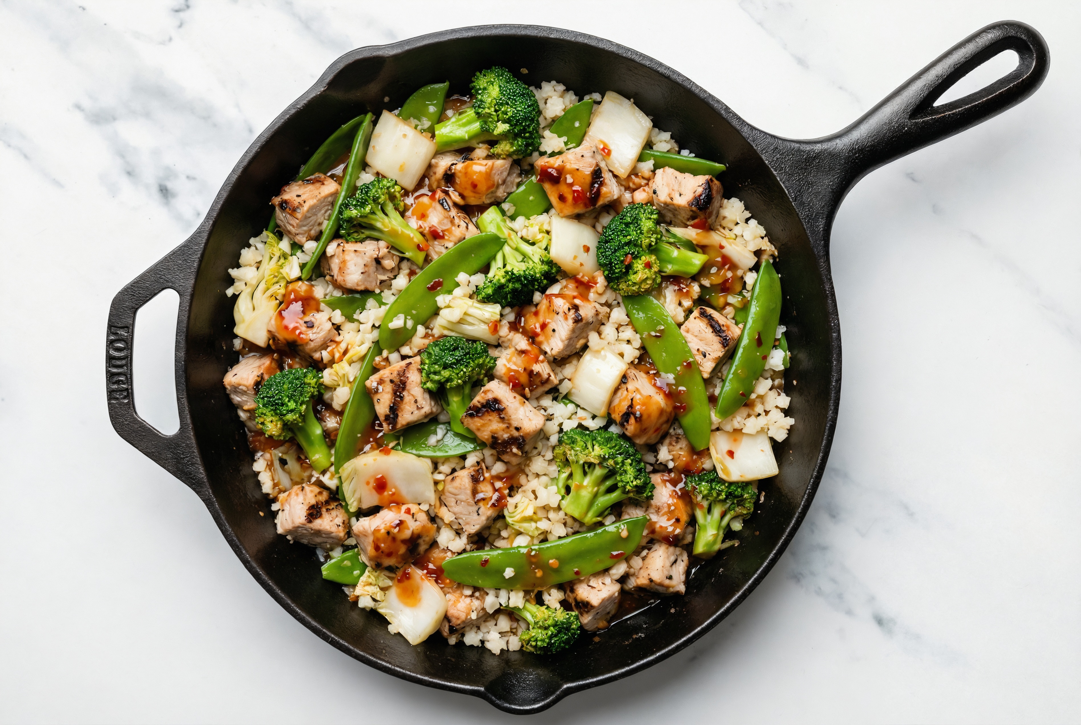 Sweet Chili Grilled Pork Stir-Fry with Bok Choy over Riced Cauliflower