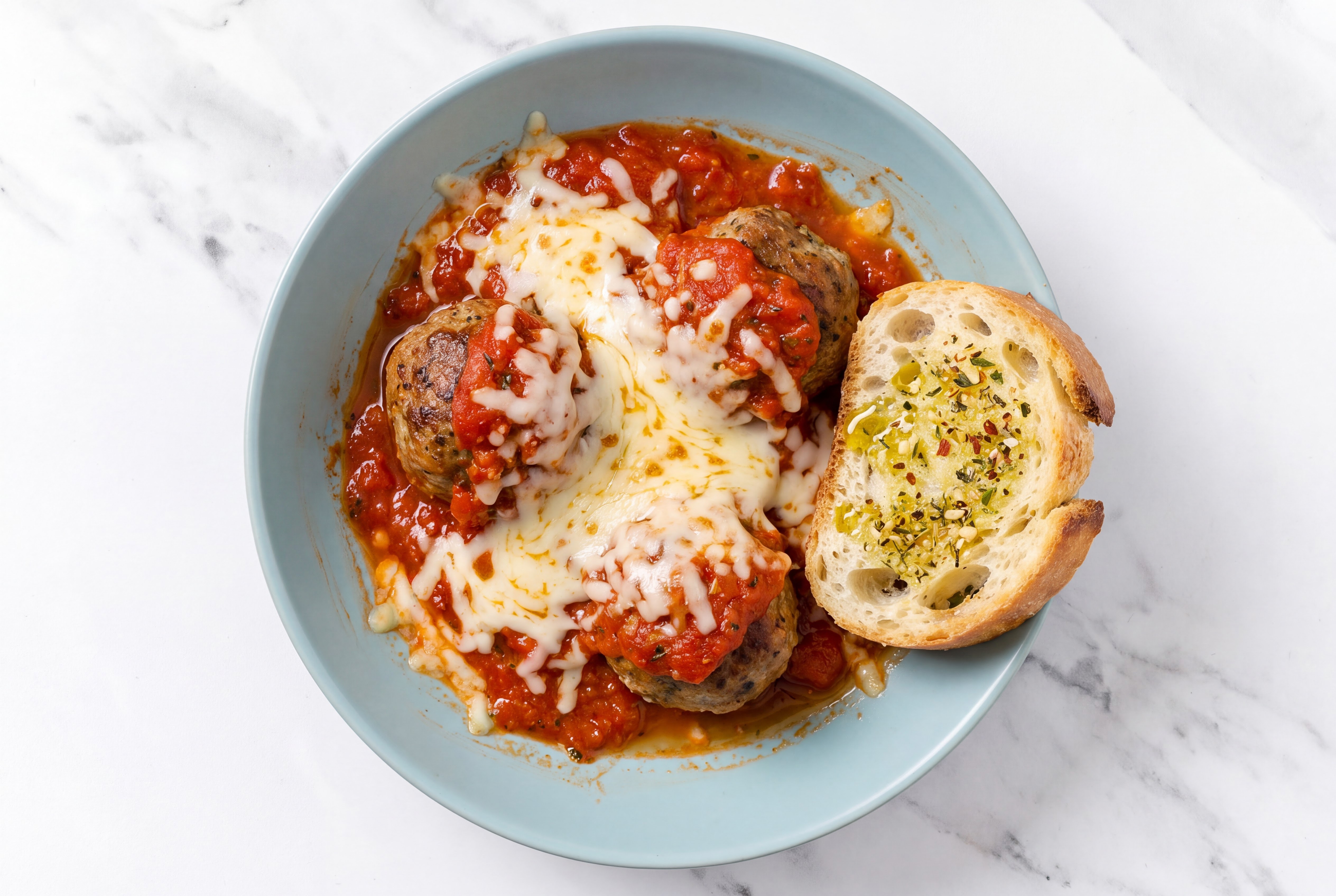Cheesy Marinara Meatballs + Garlic Bread
