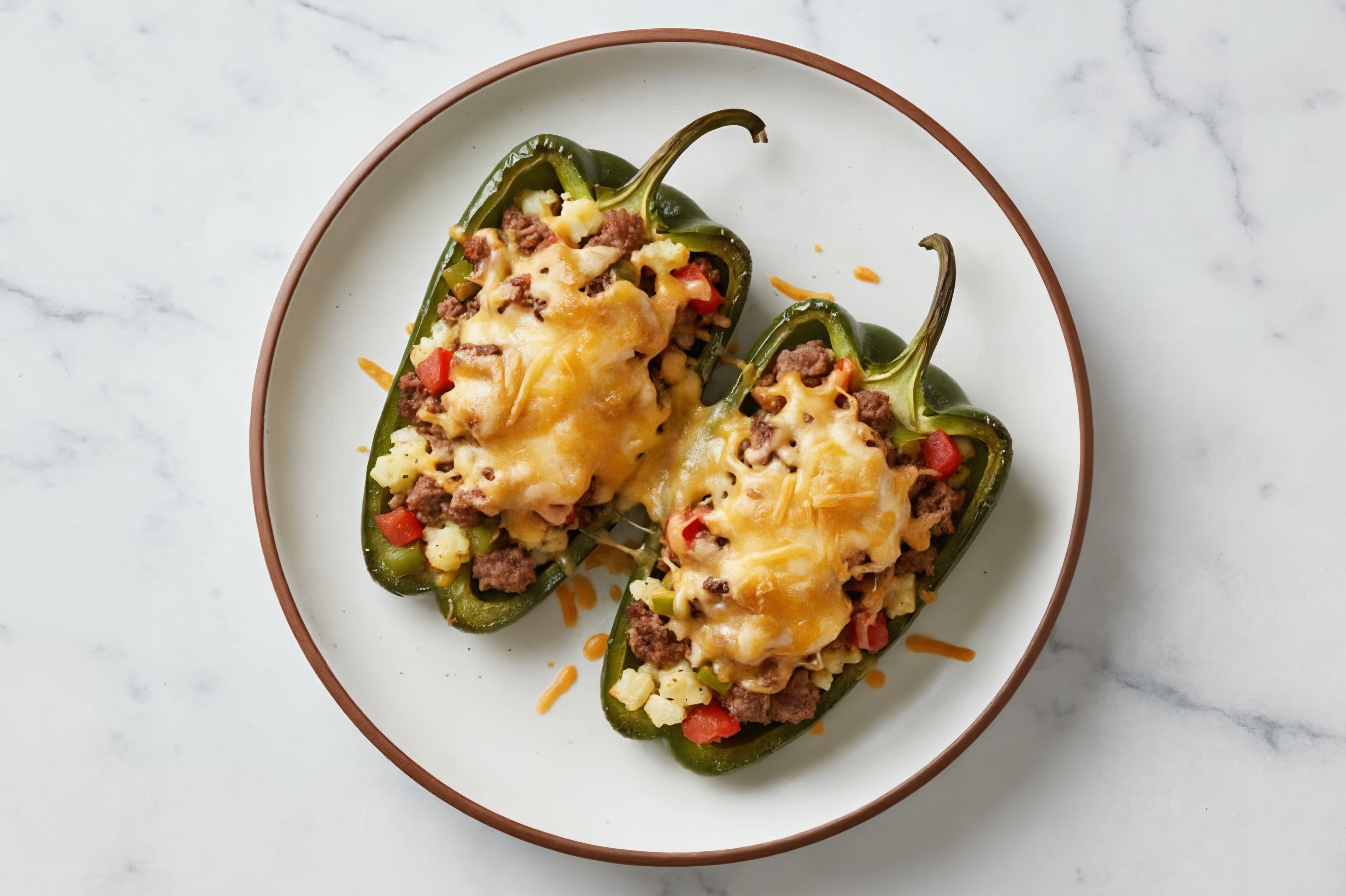 Hearty Cheesy Wagyu Beef Stuffed Poblano Peppers with Shredded Sharp Cheddar Cheese