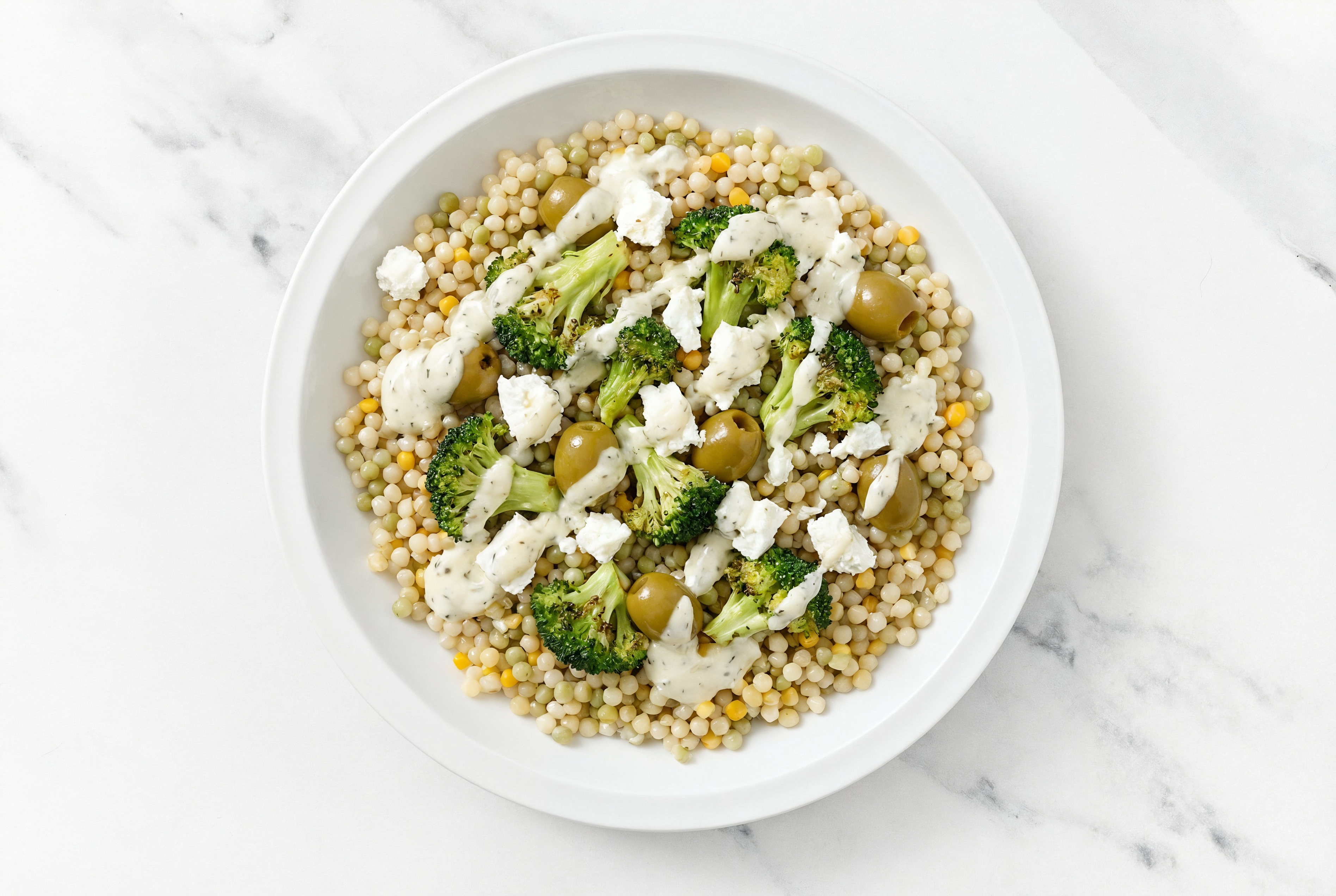 Garlicky Broccoli Bunches Feta Green Olive Grain Bowl