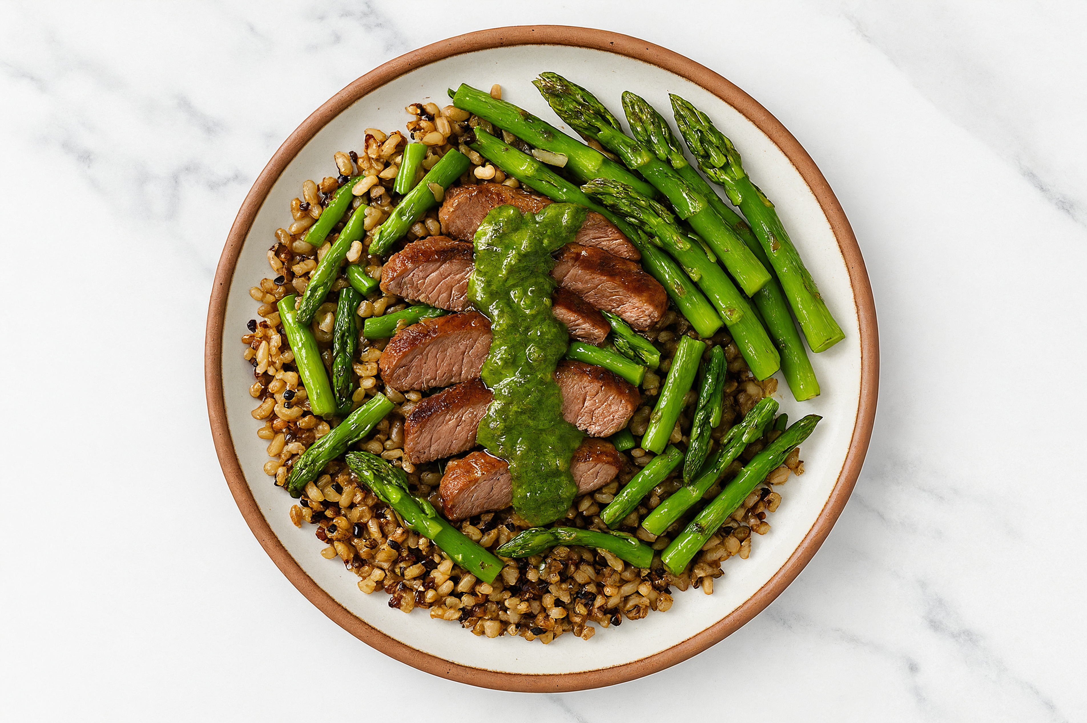Beef Strip & Asparagus Grain Bowl with Basil Pesto
