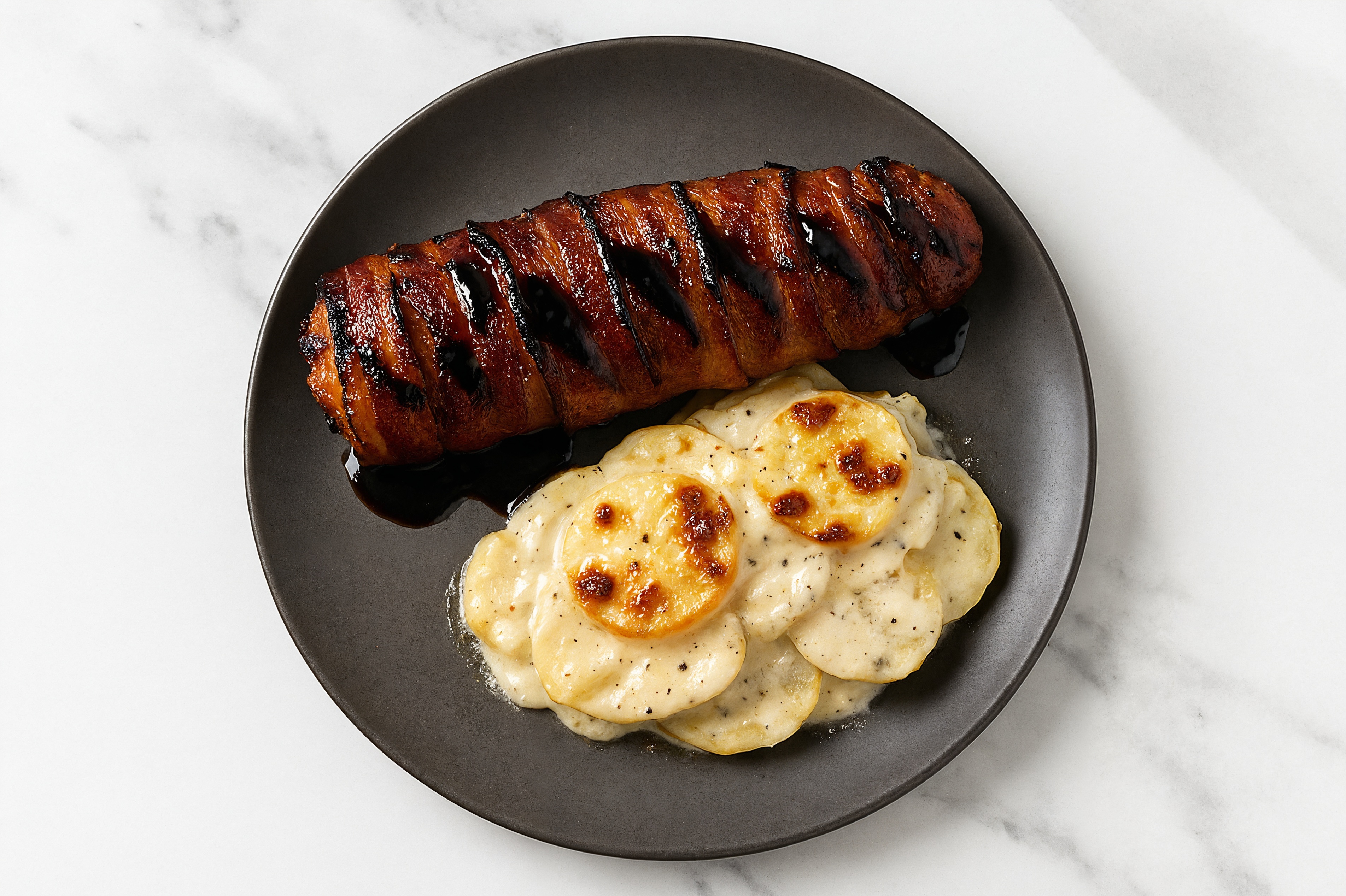 Maple Bacon Wrapped Pork Loin + Scalloped Potatoes