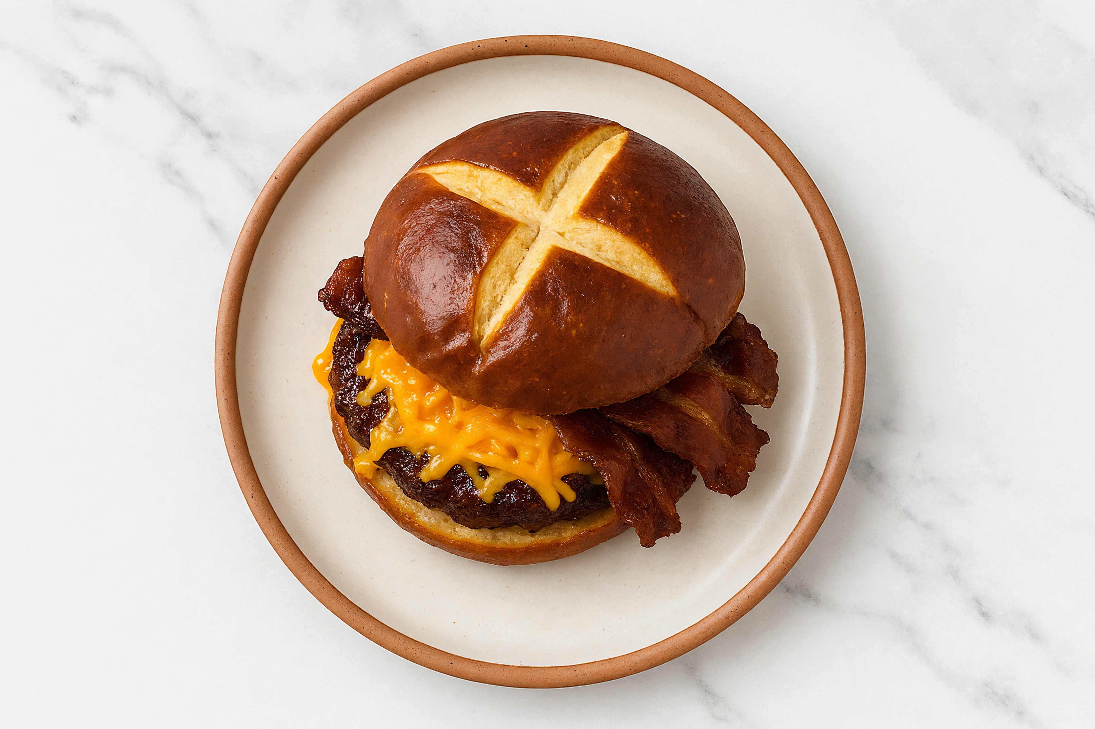 Juicy MyBacon Cheeseburger on Pretzel Bun with Ground Beef Patties