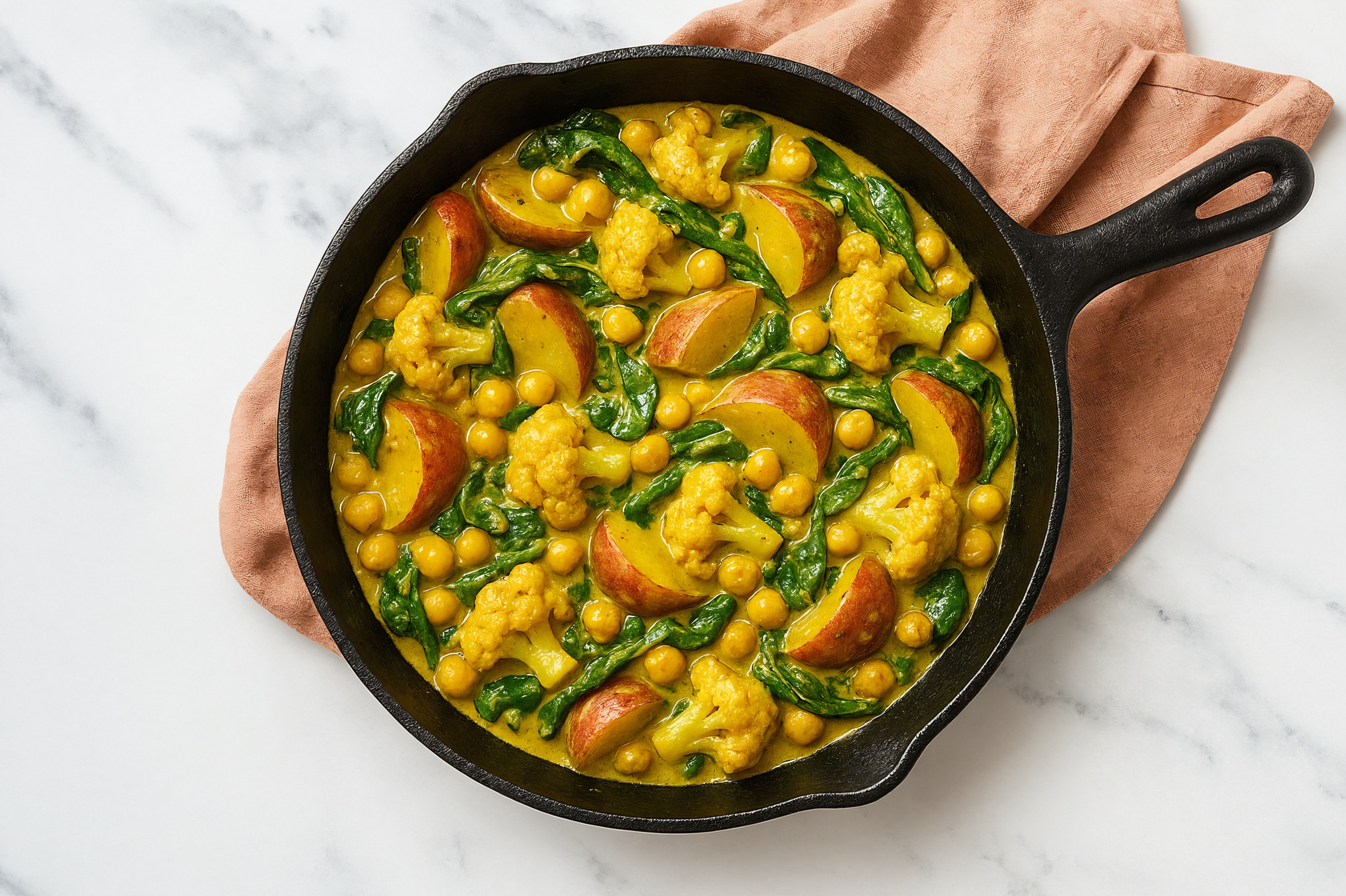 Garbanzo, Cauli, Spinach Saute with Coconut Curry + Red Potatoes